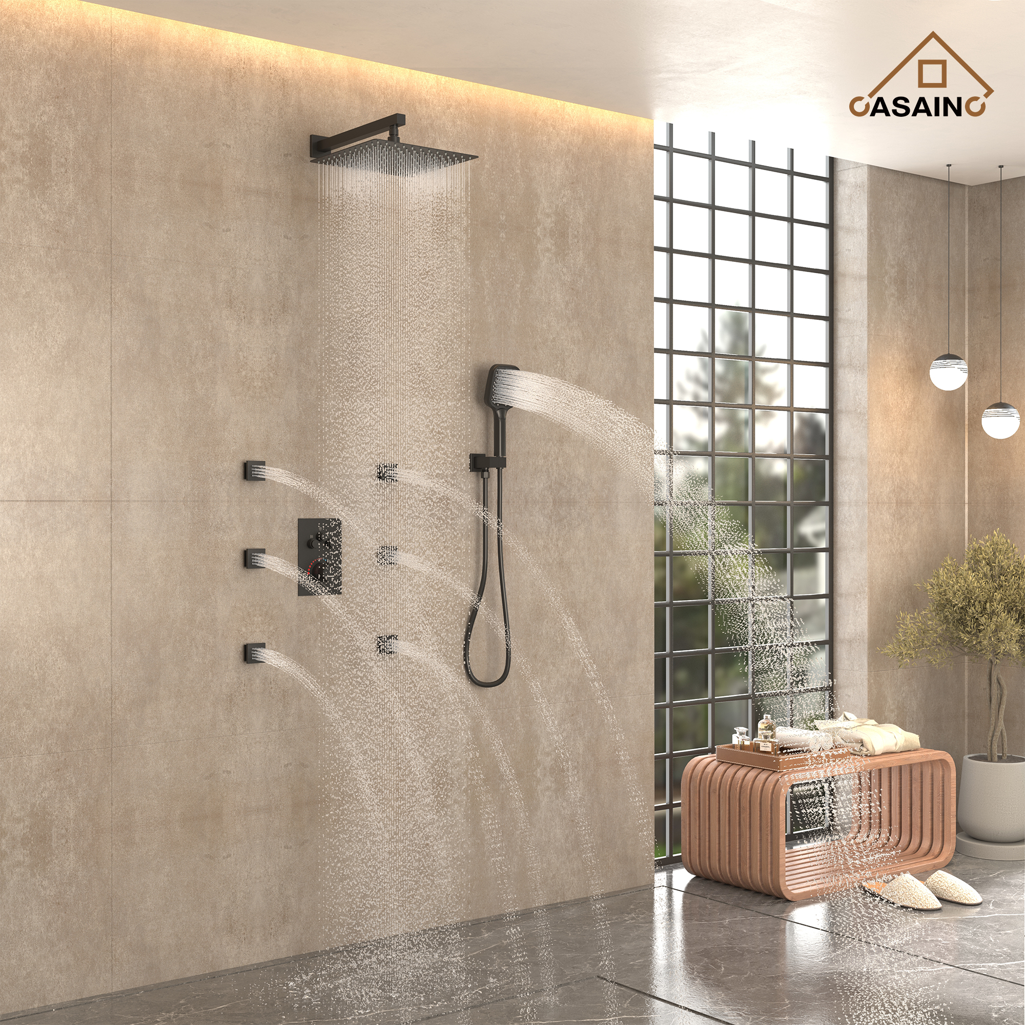 12" Wall-Mount Rainfall Shower System with Thermostatic Control & 6 Body Jets