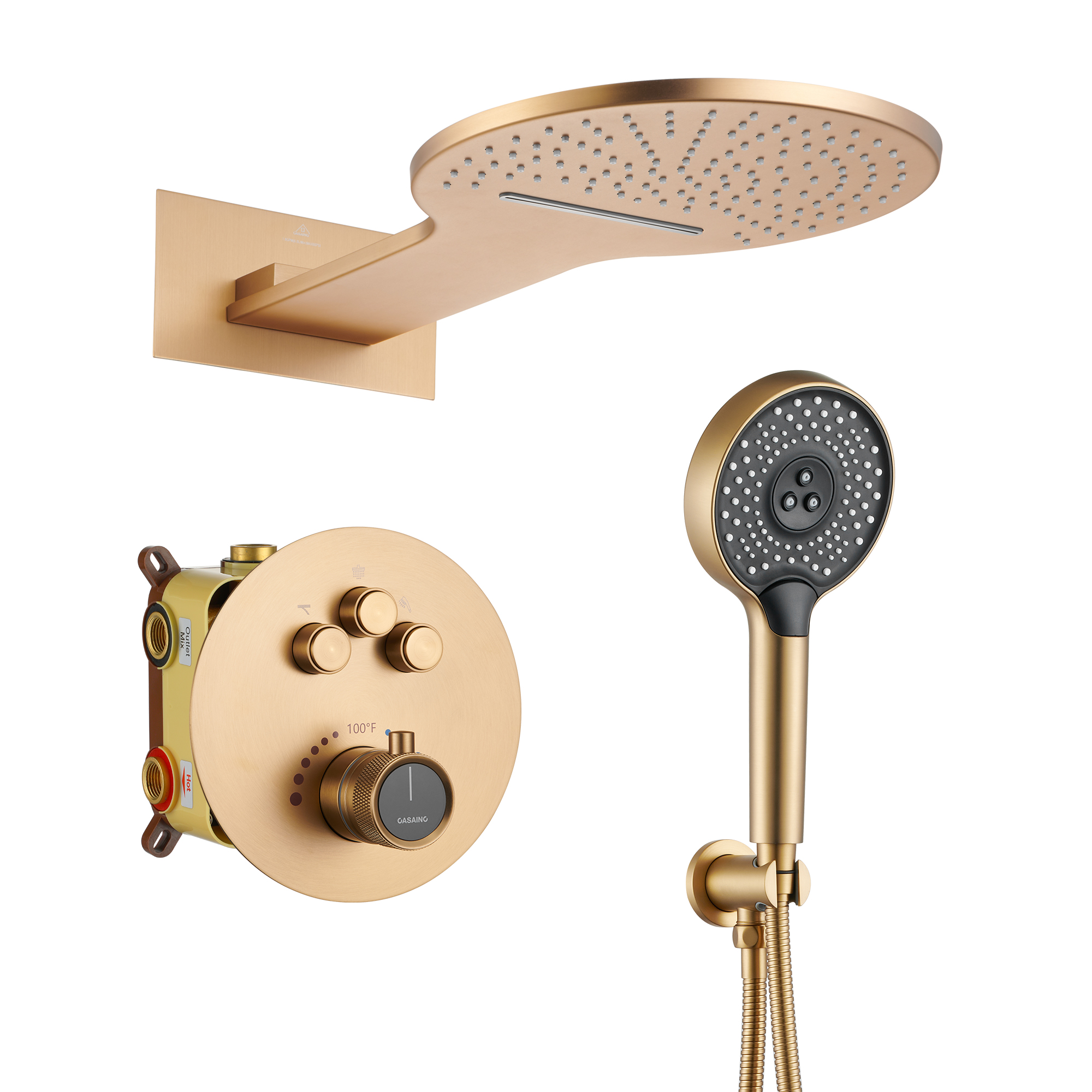 Electroplated Coating Technology Rain Shower Head 22-inch Thermostatic Rainfall & Waterfall Slimline Showerhead Gold Shower System, hand showers for spa like experience (valve included)