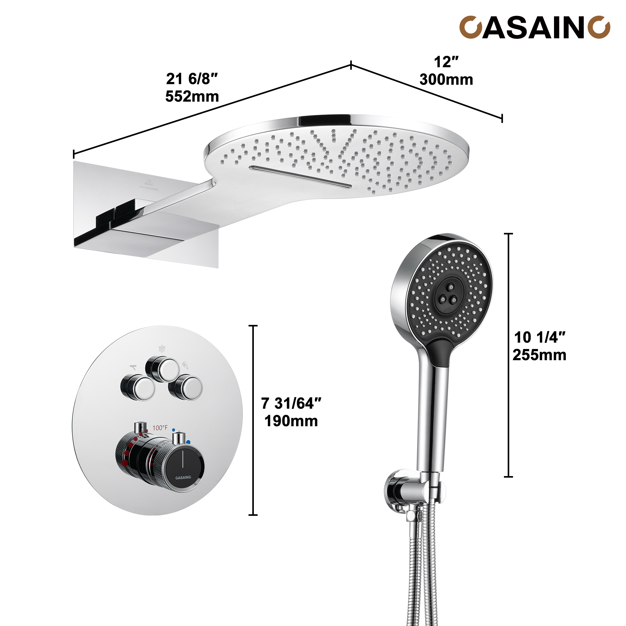 Electroplated Coating Technology 22-inch Dual Function Thermostatic Rainfall Slimline Showerhead Shower System