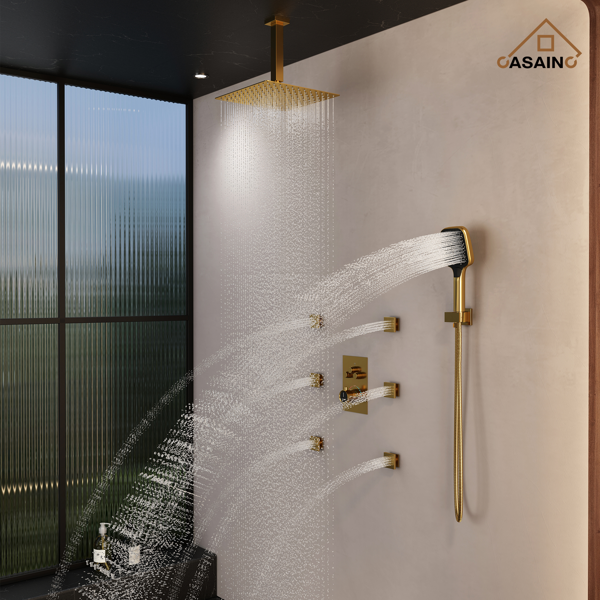 12" Ceiling Mount Thermostatic Rainfall Shower Systems with Body Sprays