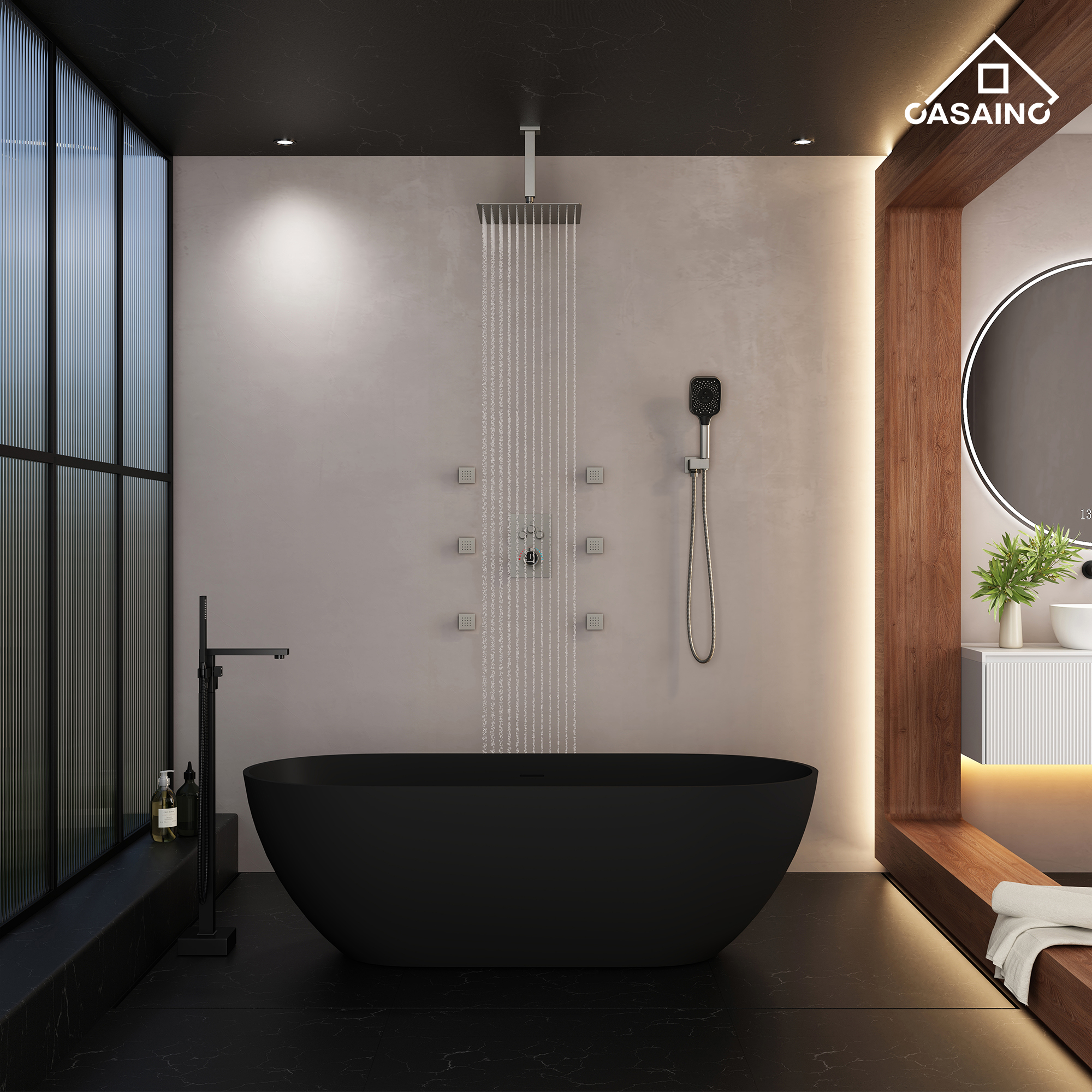 12" Ceiling Mount Thermostatic Rainfall Shower Systems with Body Sprays