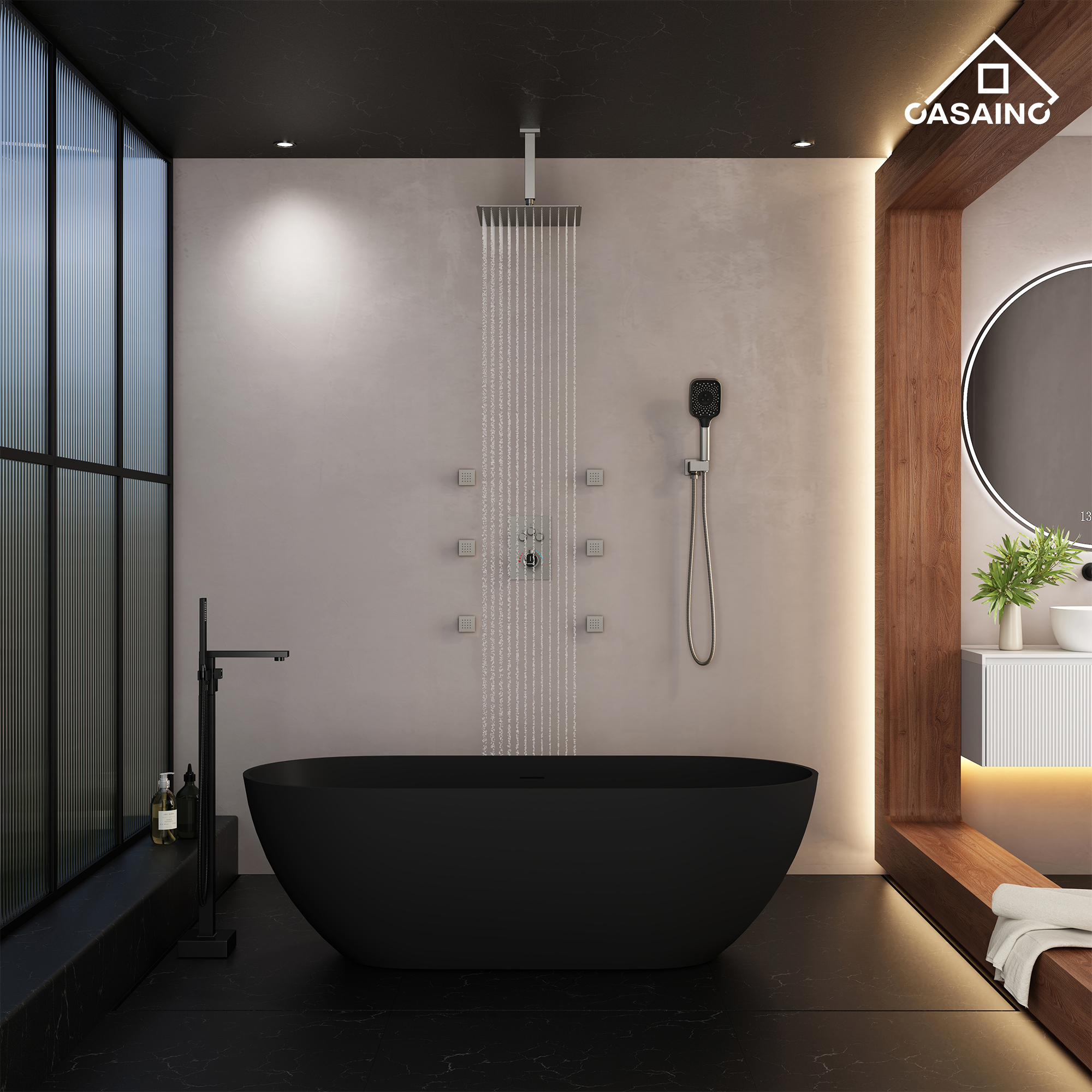 12" Ceiling Mount Thermostatic Rainfall Shower Systems with Body Sprays