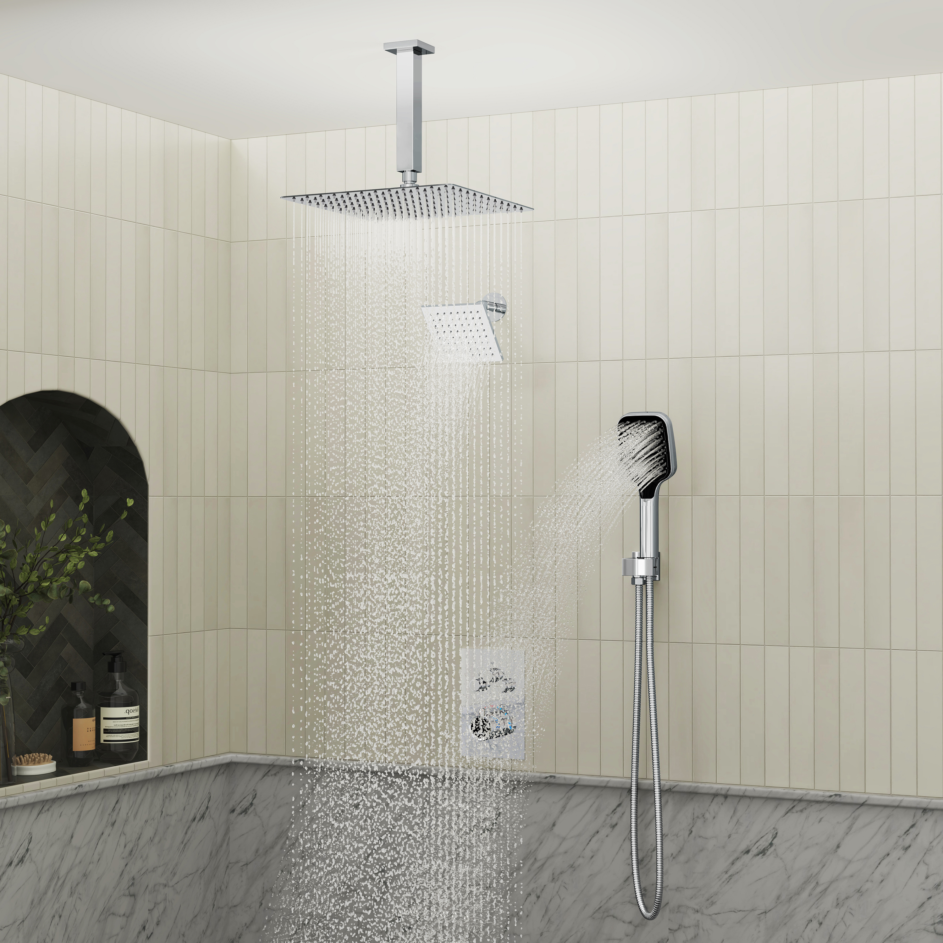 12" Ceiling Mount Rainfall Shower Head Thermostatic Shower System