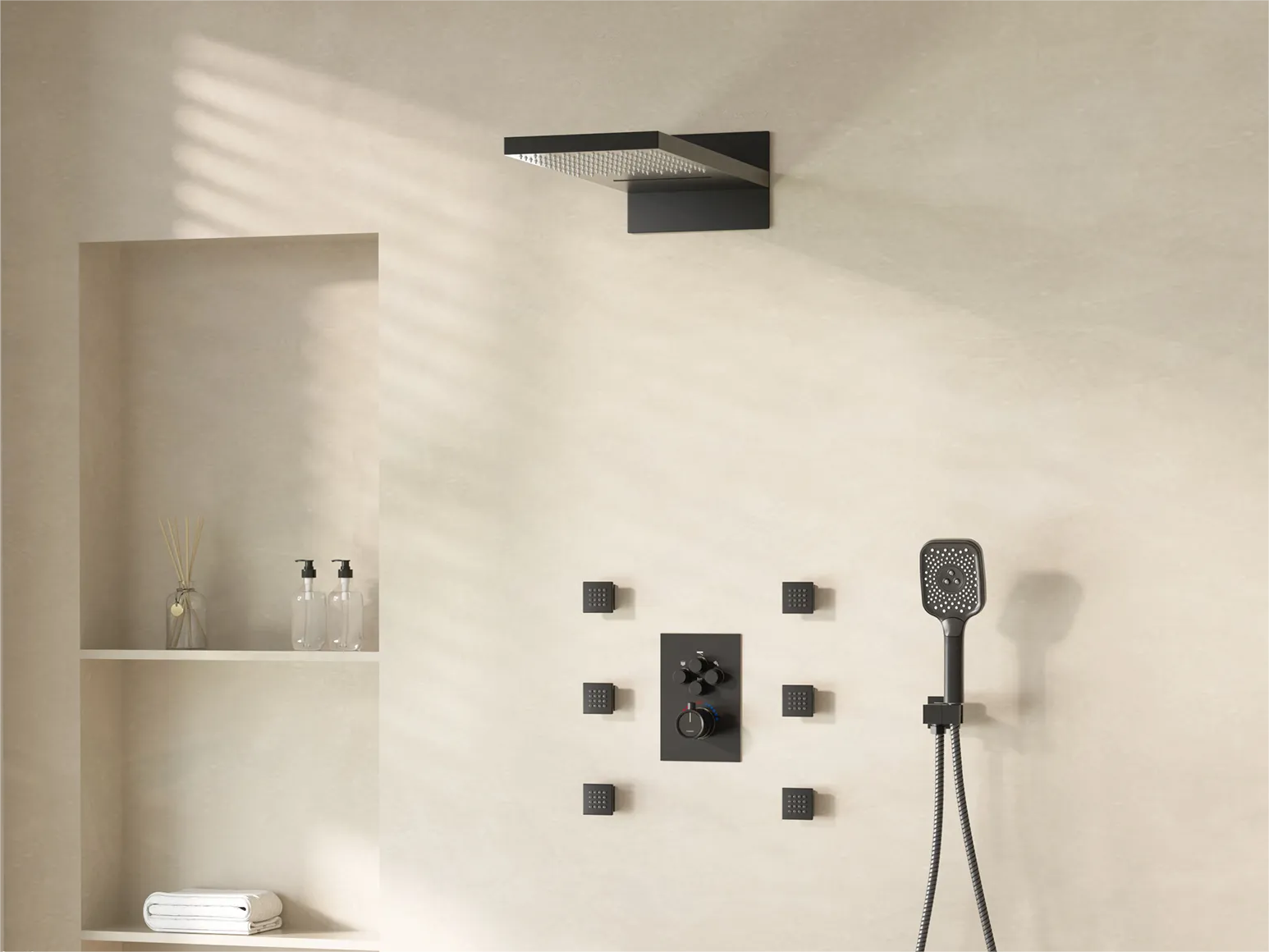Rain Shower System with Body Sprays and Wall Mounted Shower Head