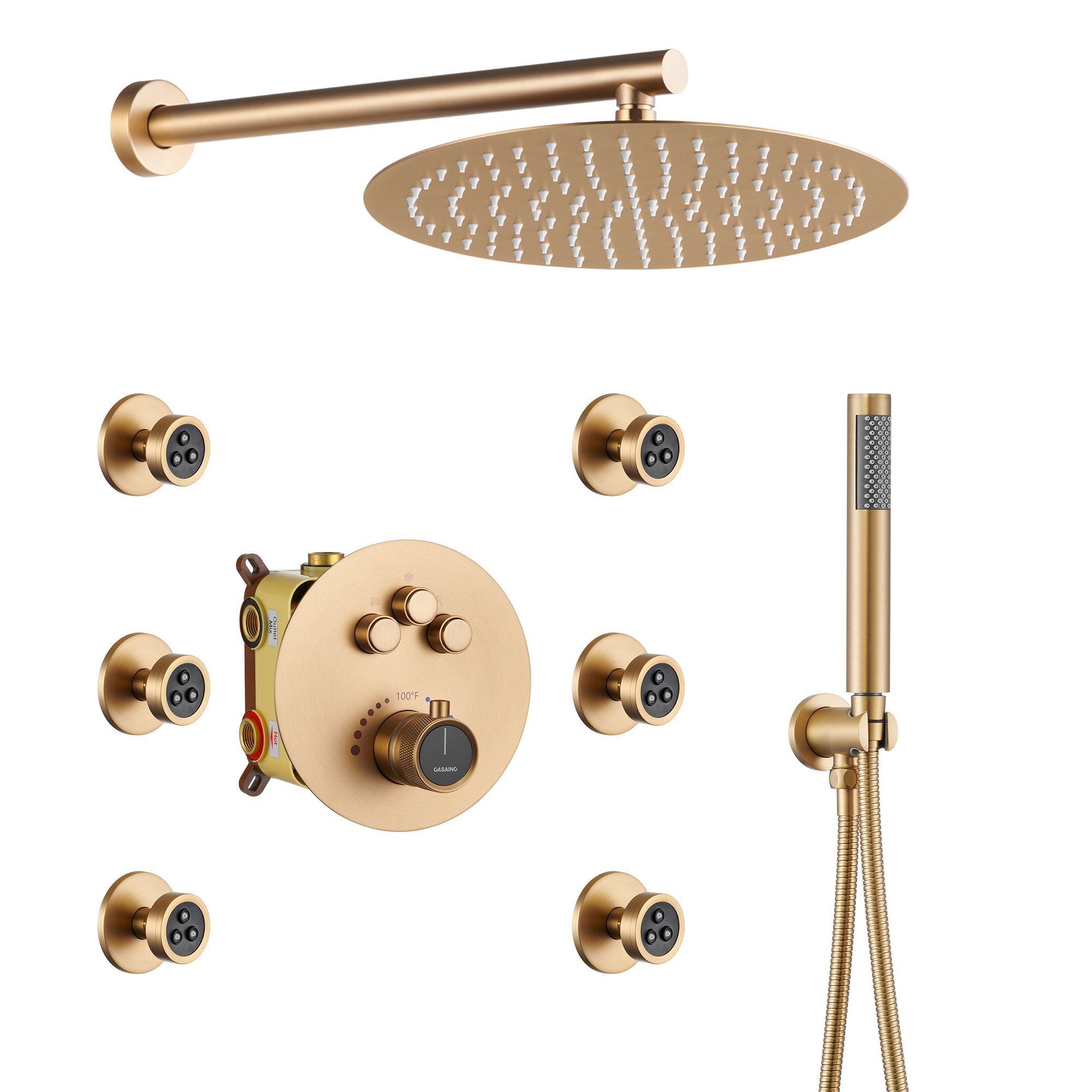 Push-Button Control High Quality Luxury Showerhead 12-Inch Thermostatic Rainfall Gold Shower Systems with Body Sprays and Pressure Balanced Valve