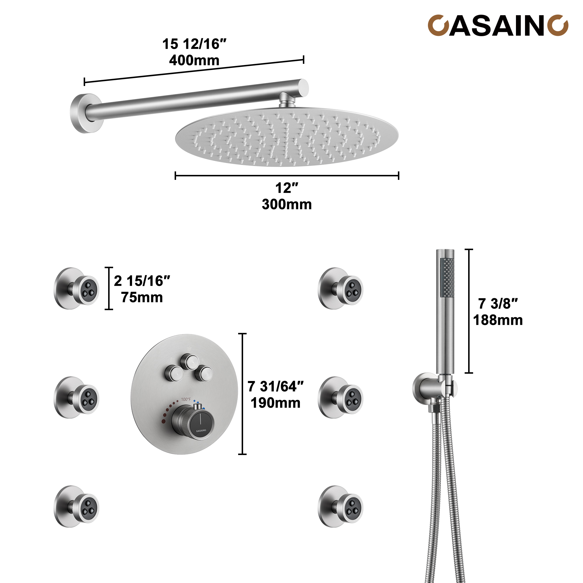 Push-Button Control High Quality Luxury Showerhead 12-Inch Thermostatic Rainfall Shower System