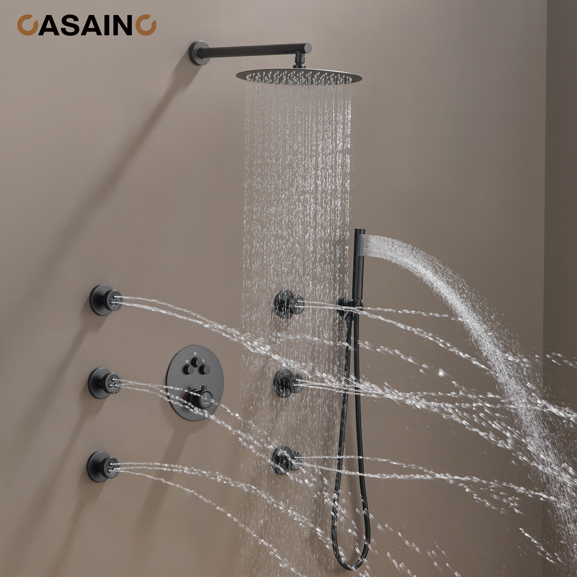 CASAINC Luxus-Duscharamatur Mit Thermostat – Digitale Temperaturanzeige, 3 Funktionen, 6 Körperdüsen & Regenduschkopf, Gebürstetes Nickel
