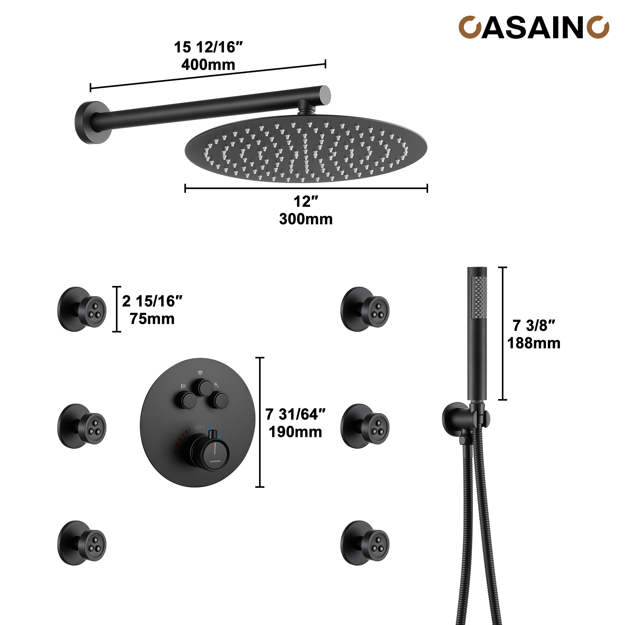 Push-Button Control High Quality Luxury Showerhead 12-Inch Thermostatic Rainfall Shower System