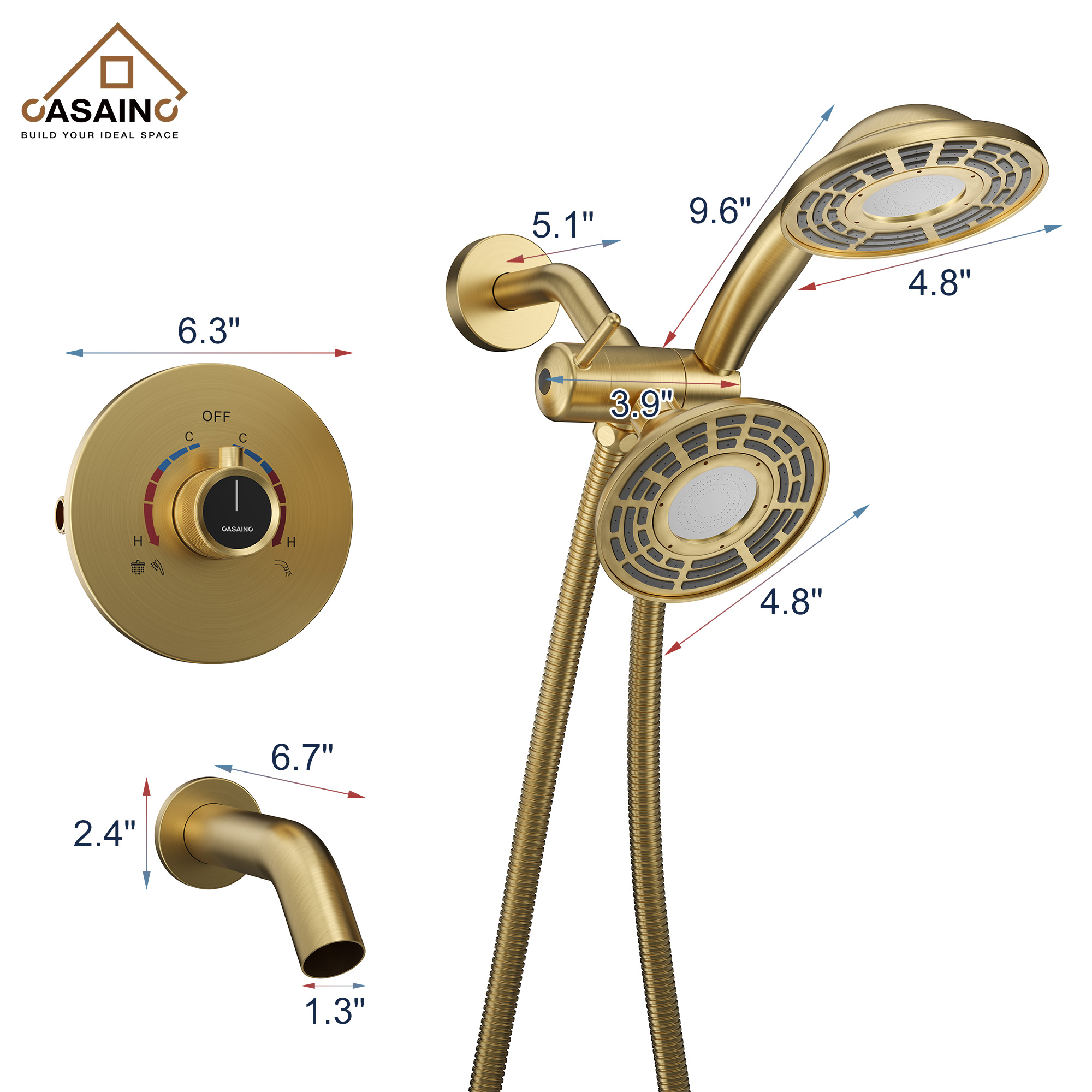 5-inch 3-Function Shower Faucet with Handheld & Tub Spout