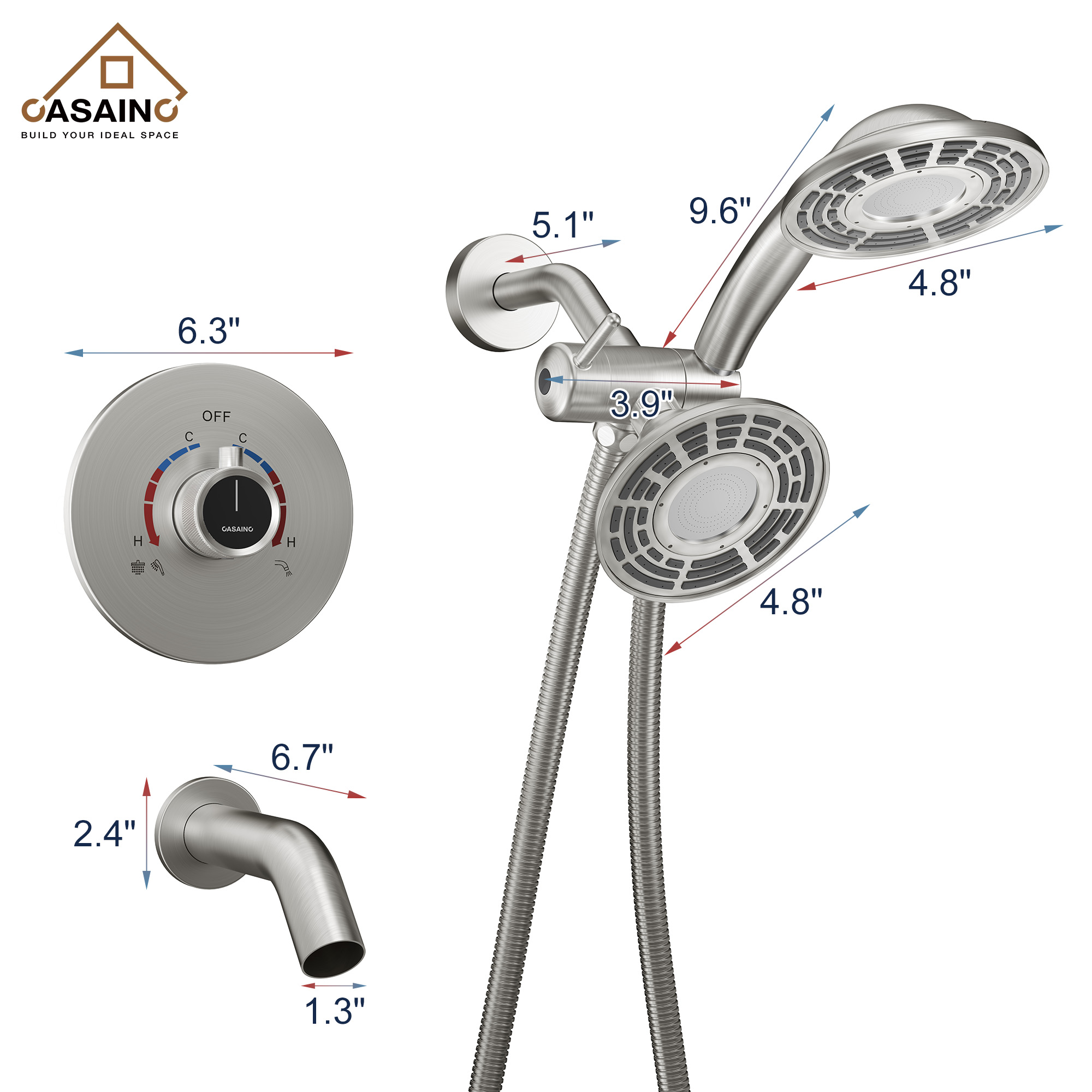 5-inch 3-Function Shower Faucet with Handheld & Tub Spout