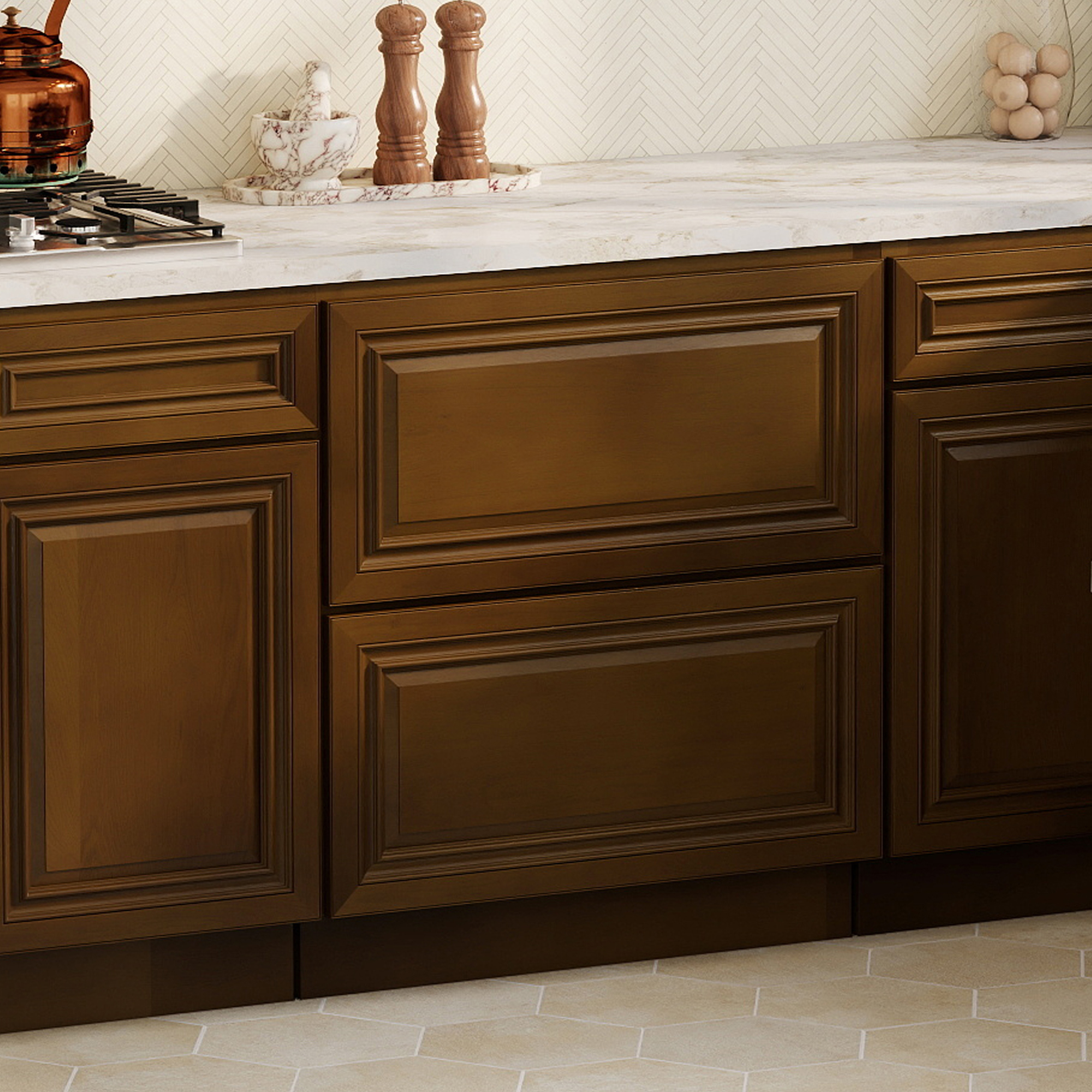 Dark Caramel RTA 30"W x 24"D x 34.5"H Base Cabinet with 2 Drawers