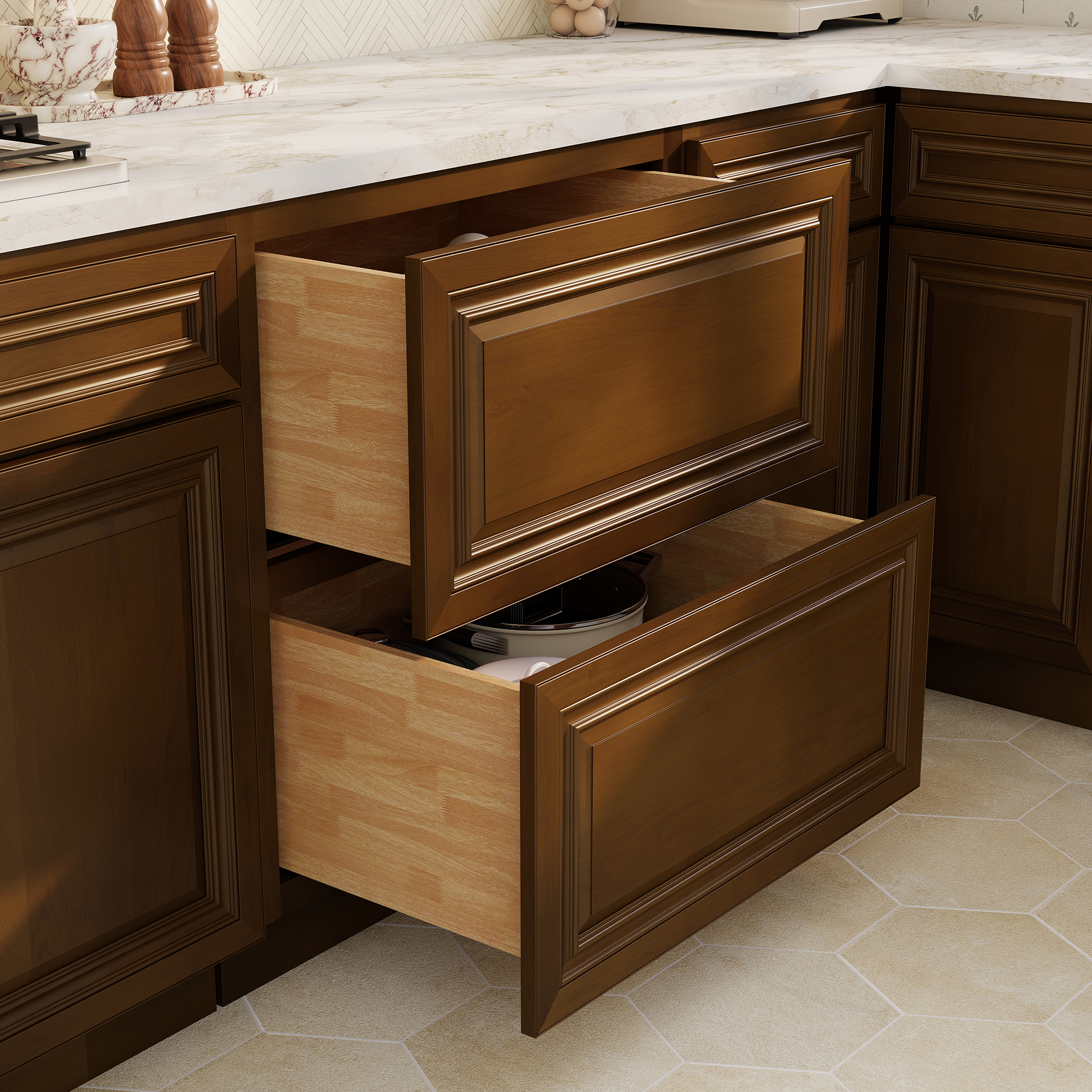 Dark Caramel RTA 30"W x 24"D x 34.5"H Base Cabinet with 2 Drawers