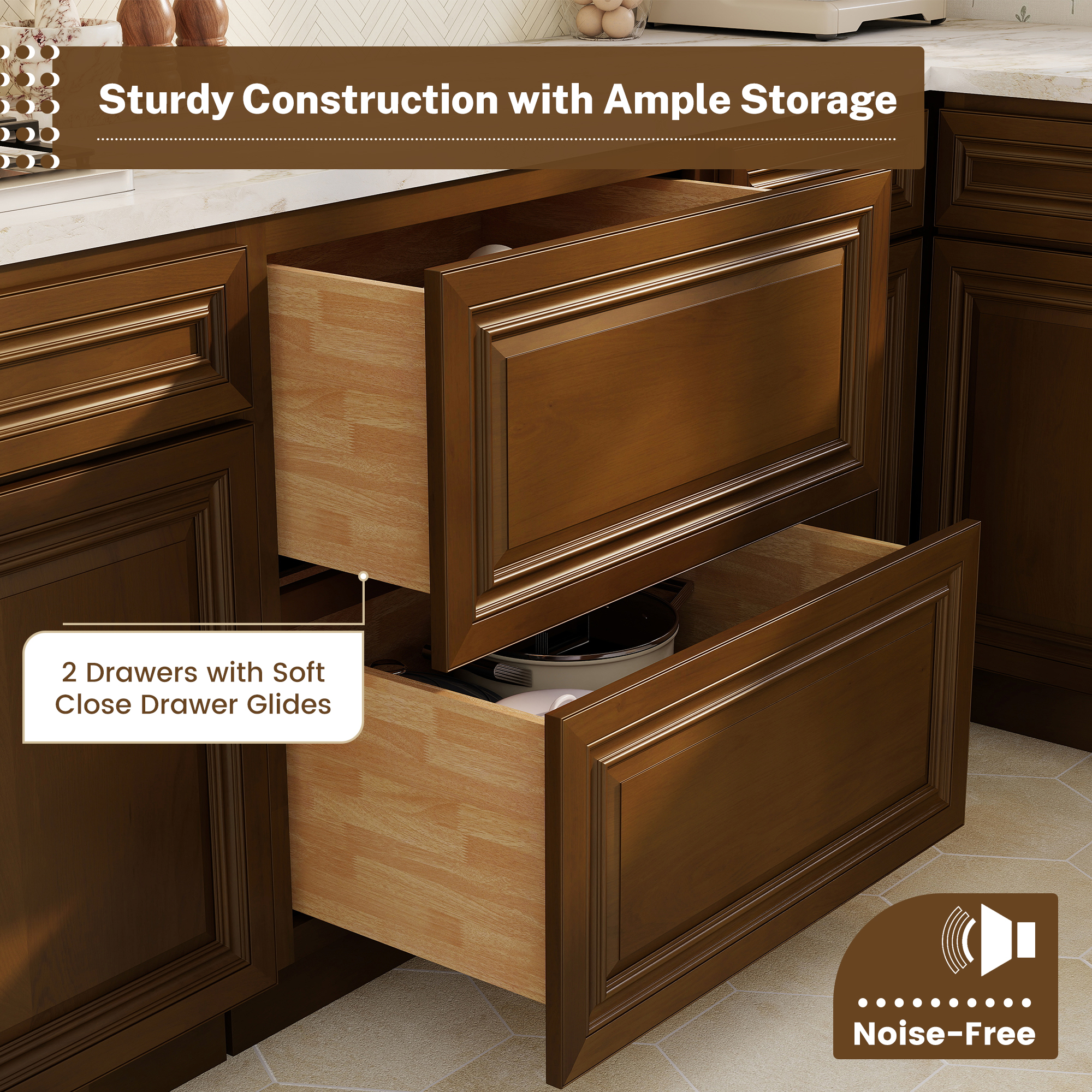 Dark Caramel RTA 30"W x 24"D x 34.5"H Base Cabinet with 2 Drawers