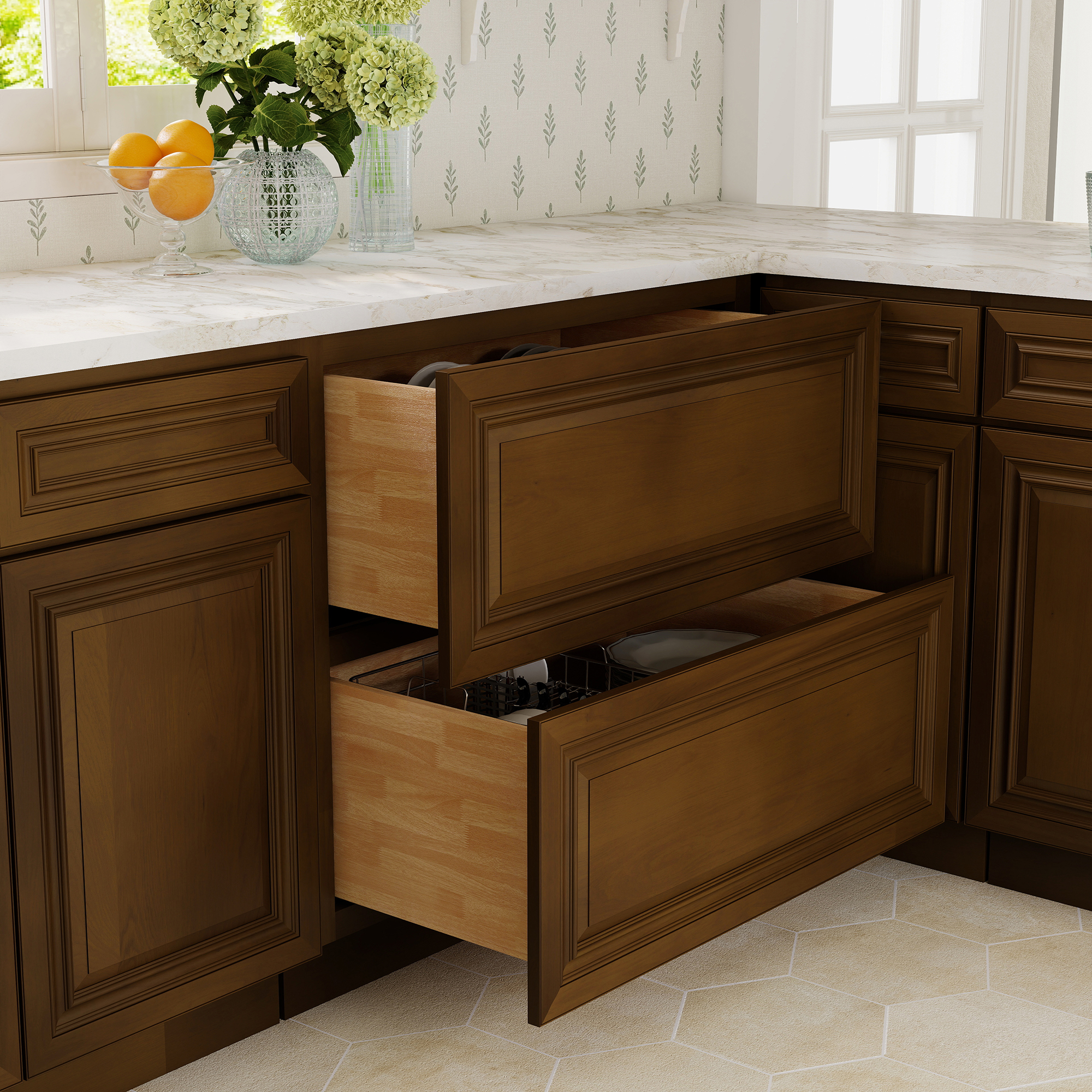 Dark Caramel RTA 36"W x 24"D x 34.5"H Base Cabinet with 2 Drawers