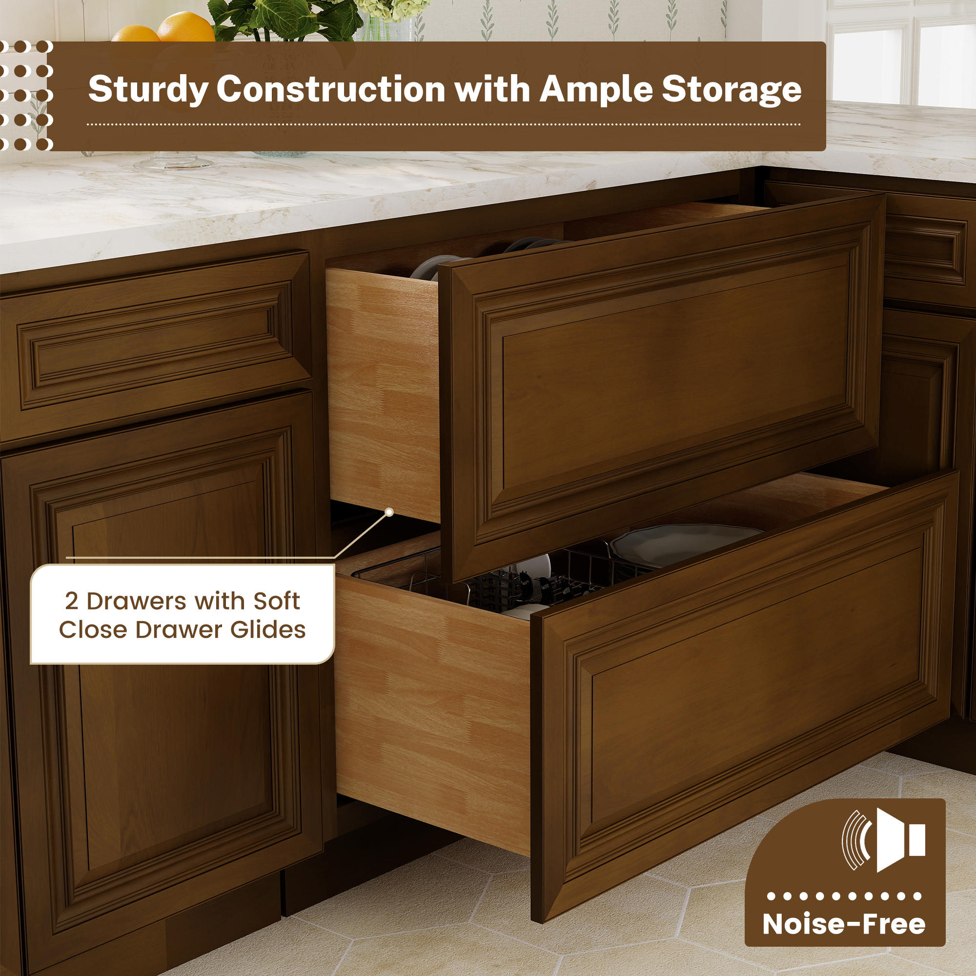 Dark Caramel RTA 36"W x 24"D x 34.5"H Base Cabinet with 2 Drawers