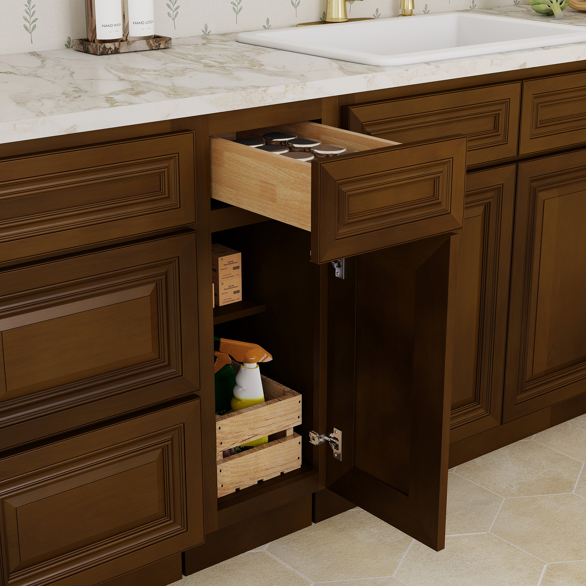 Dark Caramel RTA 12"W x 24"D x 34.5"H Base Cabinet with 1 Drawer and 1 Door