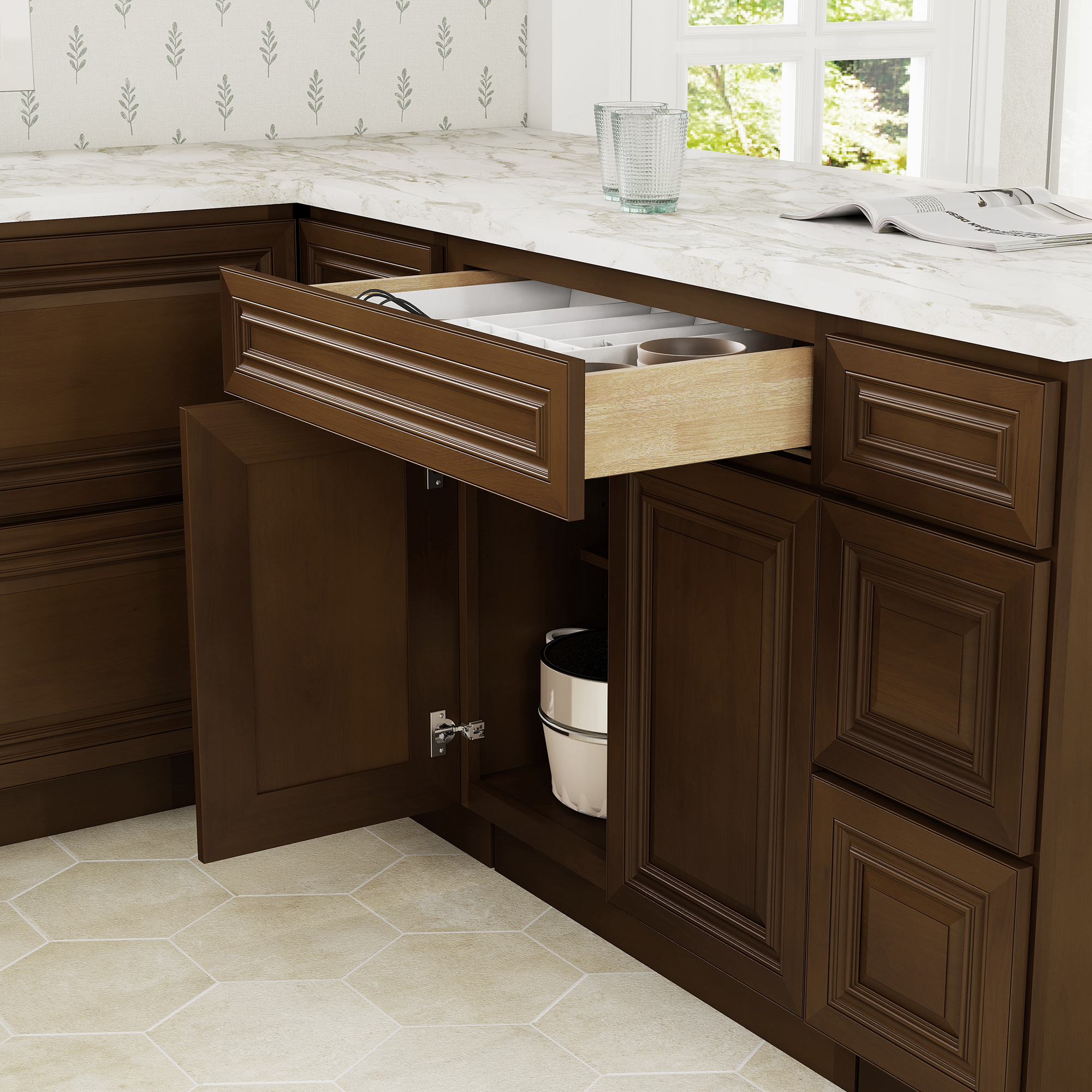 Dark Caramel RTA 30"W x 24"D x 34.5"H Base Cabinet with 1 Drawer and 2 Doors