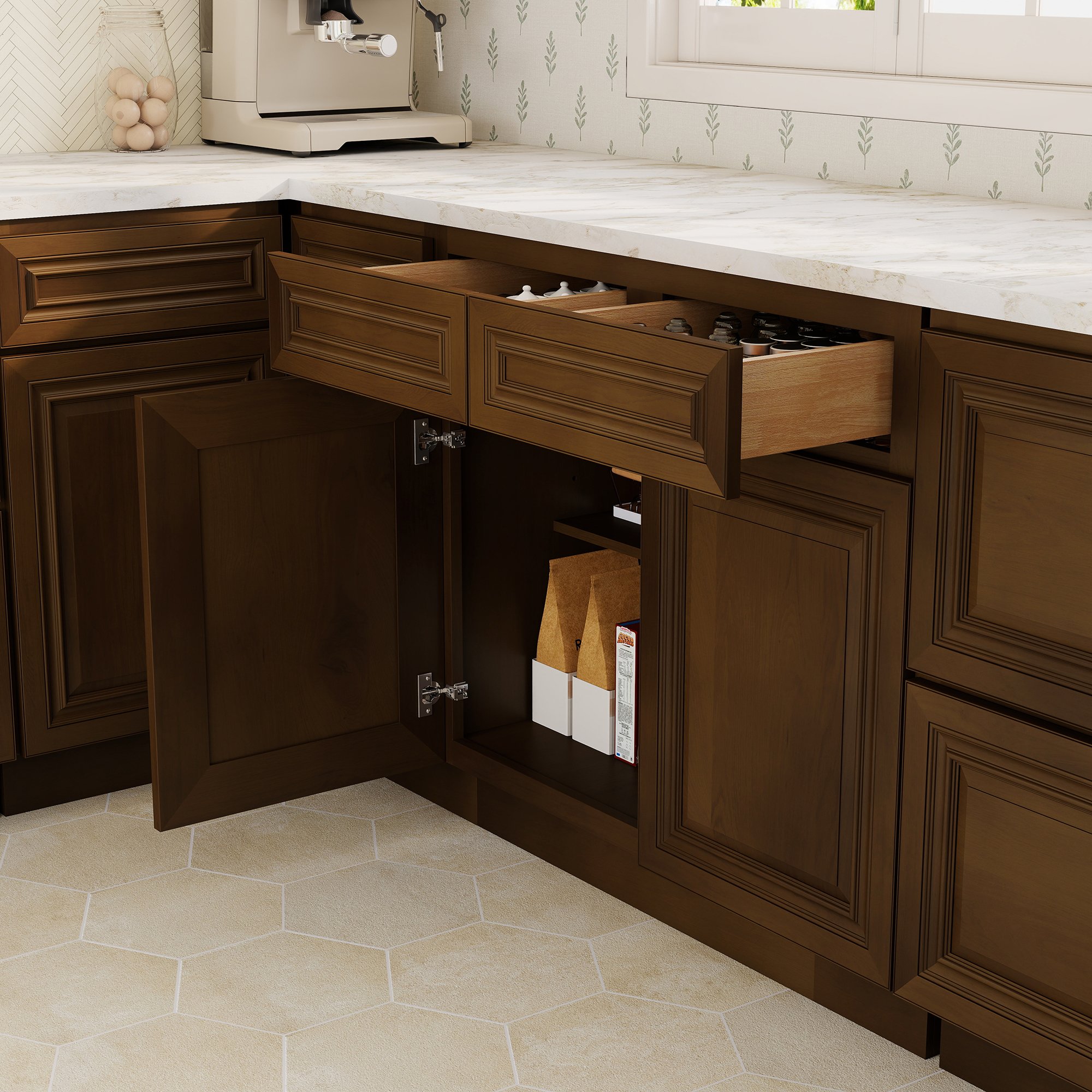 Dark Caramel RTA 36"W x 24"D x 34.5"H Base Cabinet with 2 Drawers and 2 Doors