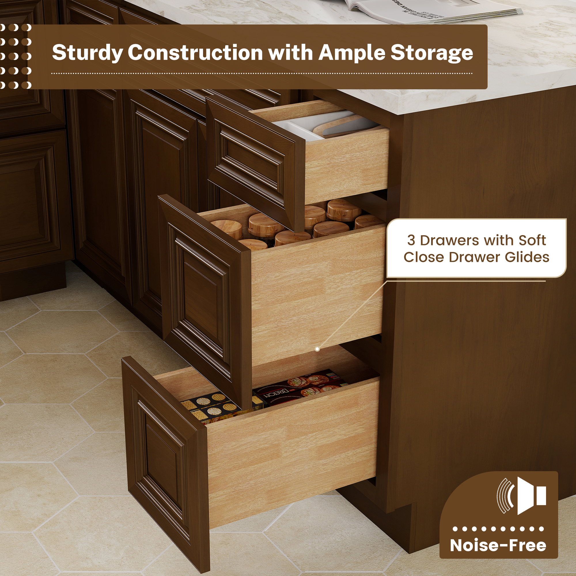 Dark Caramel RTA 12"W x 24"D x 34.5"H Base Cabinet with 3 Drawers