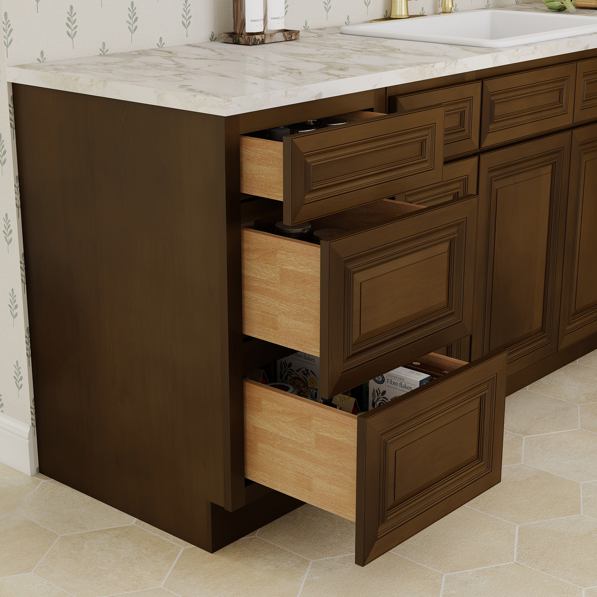 Dark Caramel RTA 18"W x 24"D x 34.5"H Base Cabinet with 3 Drawers