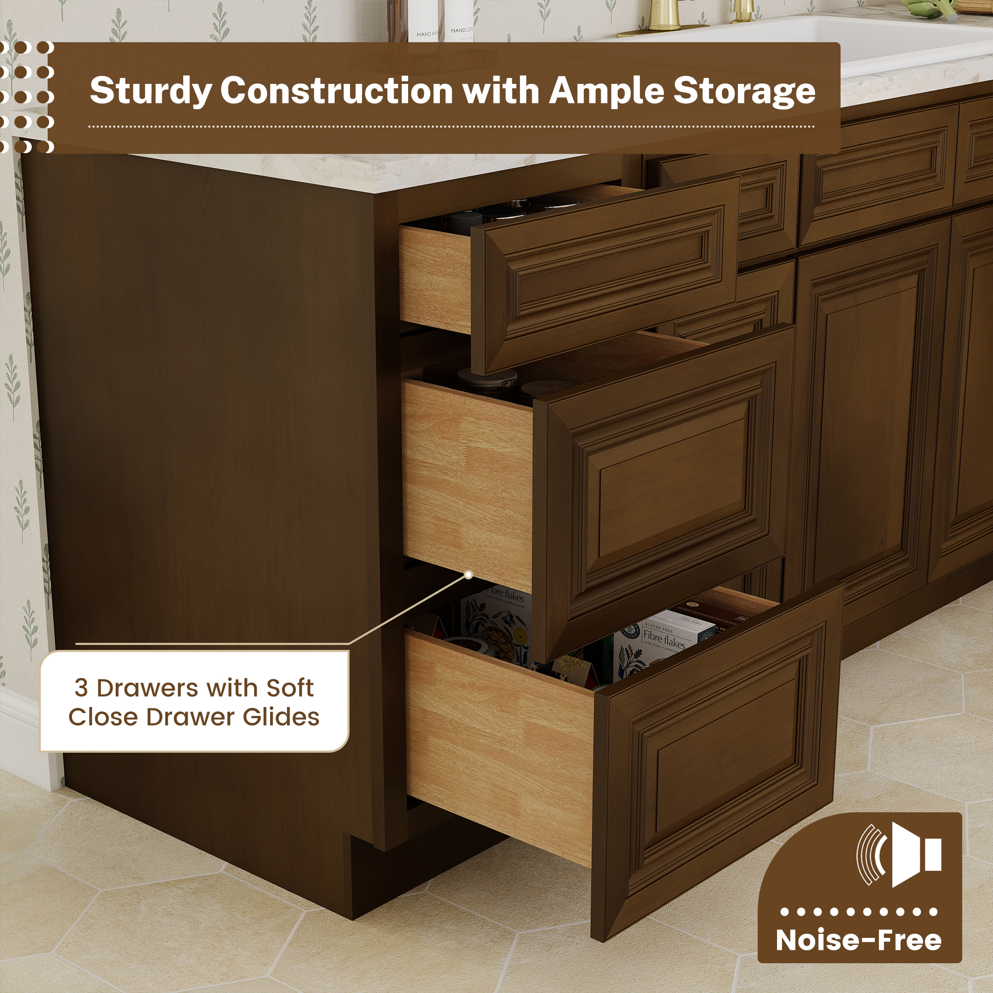 Dark Caramel RTA 18"W x 24"D x 34.5"H Base Cabinet with 3 Drawers