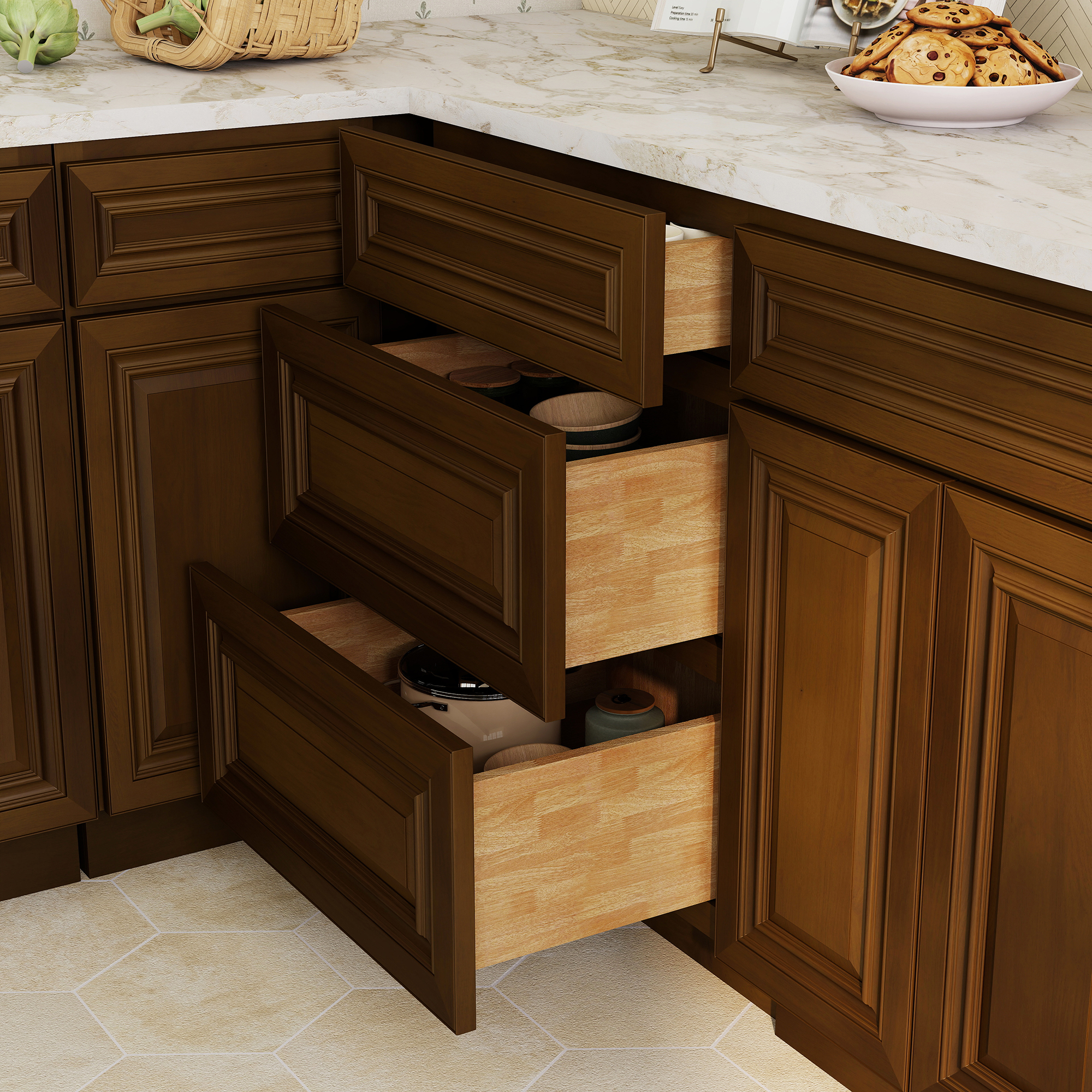 Dark Caramel RTA 24"W x 24"D x 34.5"H Base Cabinet with 3 Drawers