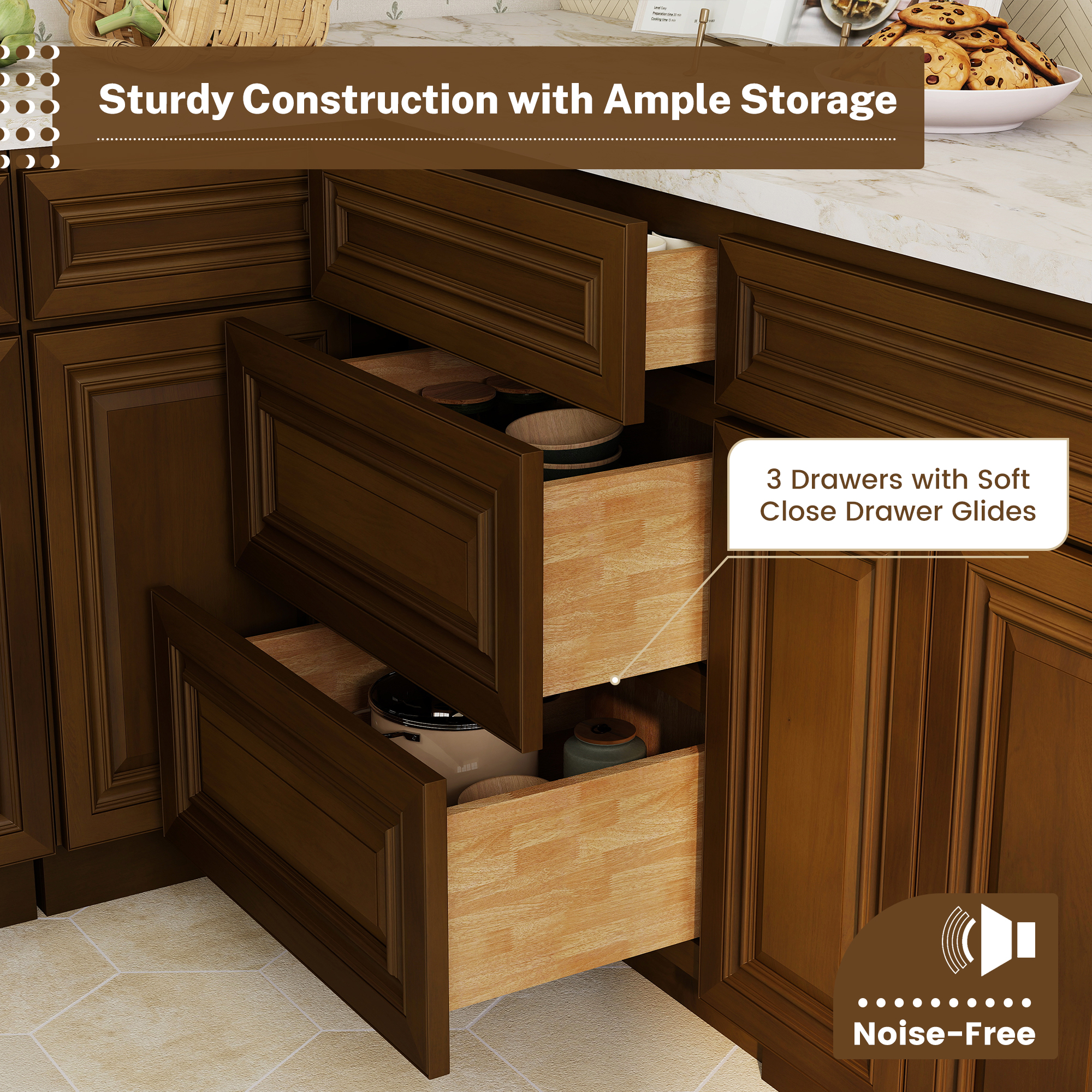 Dark Caramel RTA 24"W x 24"D x 34.5"H Base Cabinet with 3 Drawers