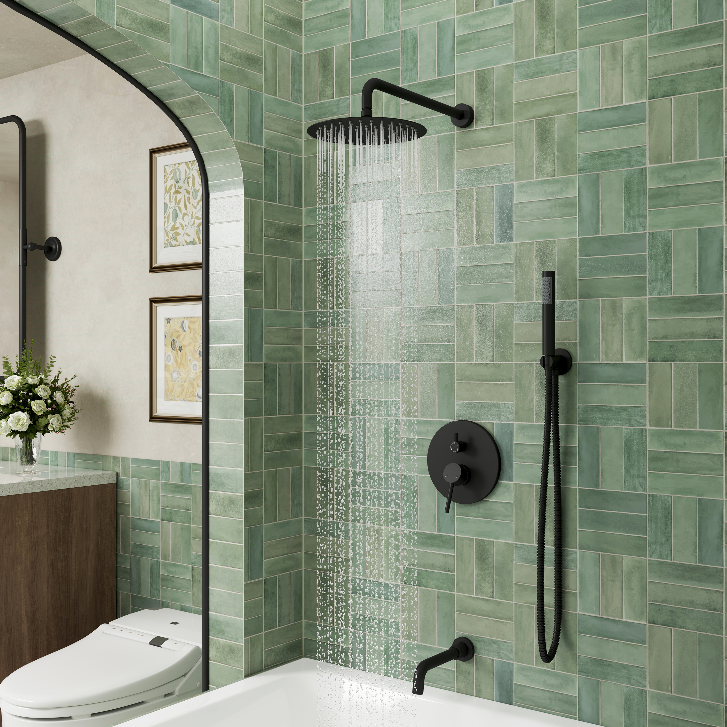 10" Wall Mount Dual Shower Head Rain Shower System with Tub Spout