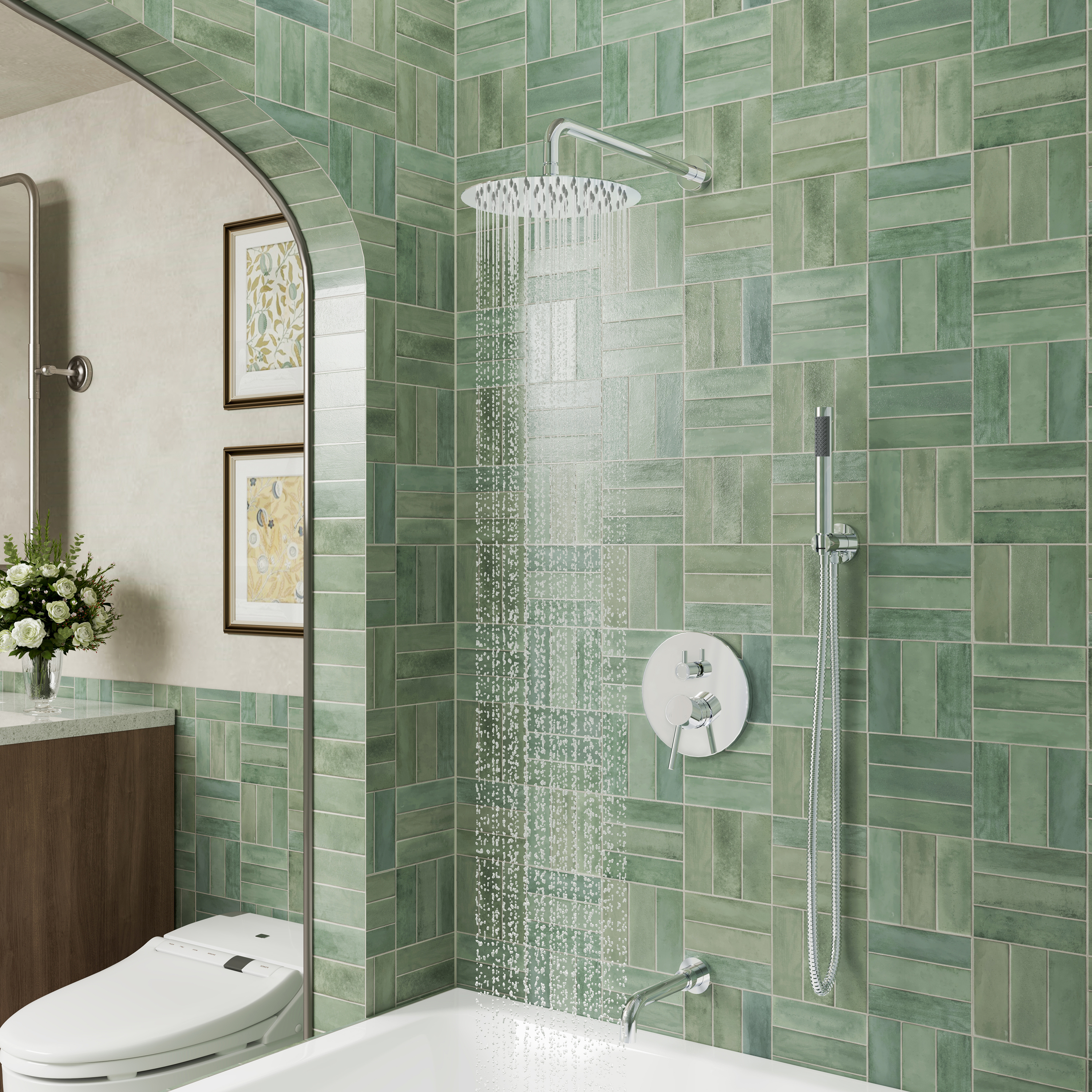 10" Wall Mount Dual Shower Head Rain Shower System with Tub Spout