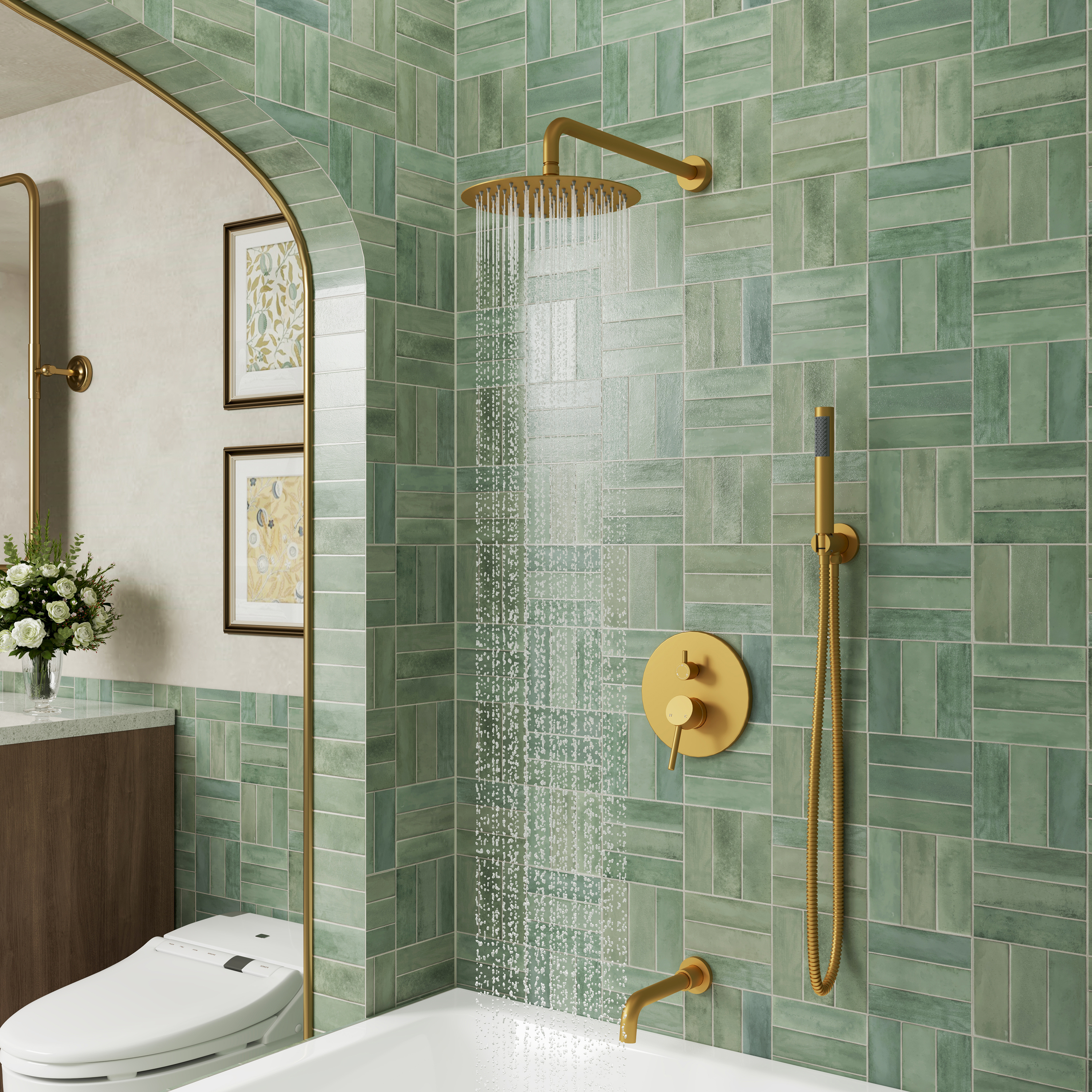 10" Wall Mount Dual Shower Head Rain Shower System with Tub Spout