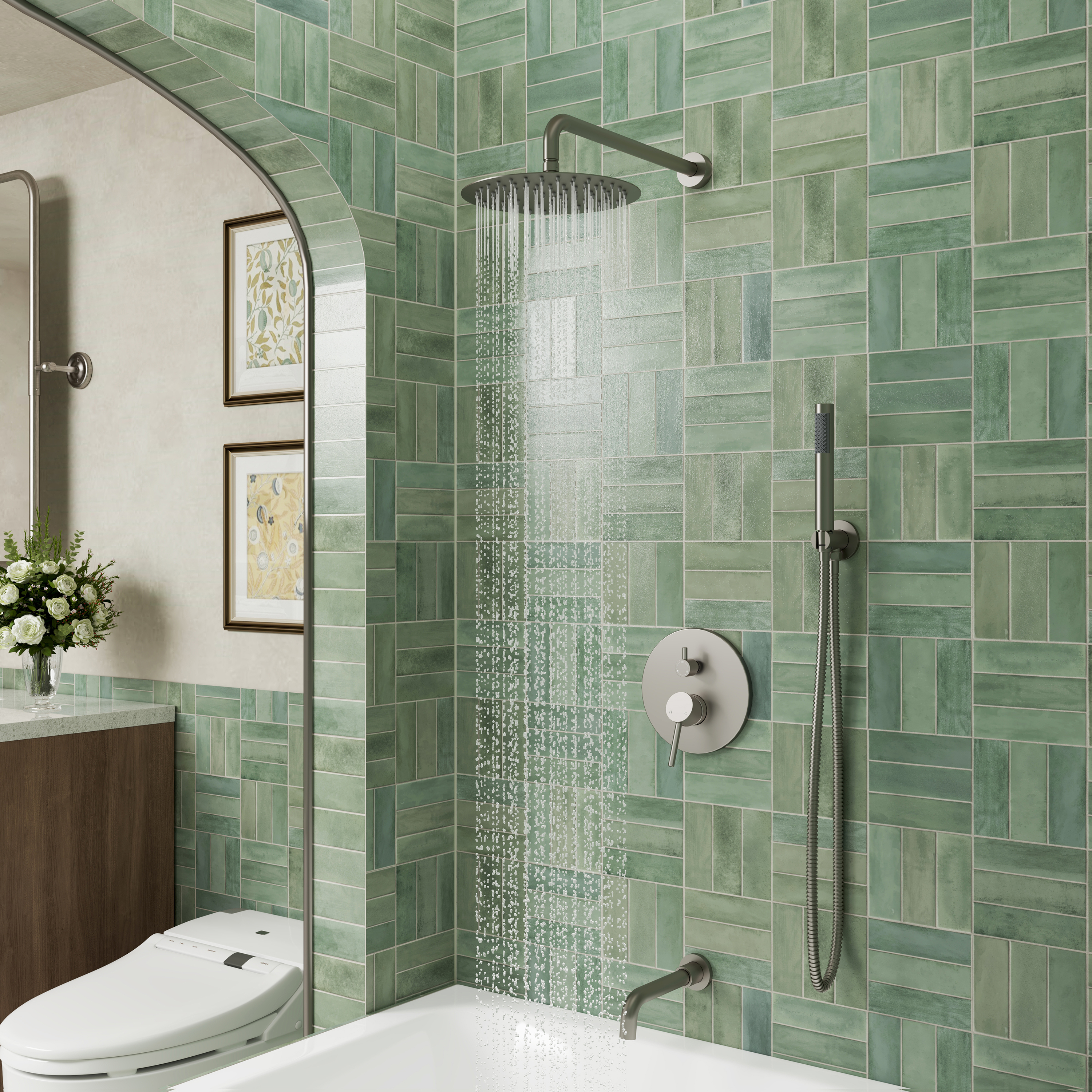 10" Wall Mount Dual Shower Head Rain Shower System with Tub Spout