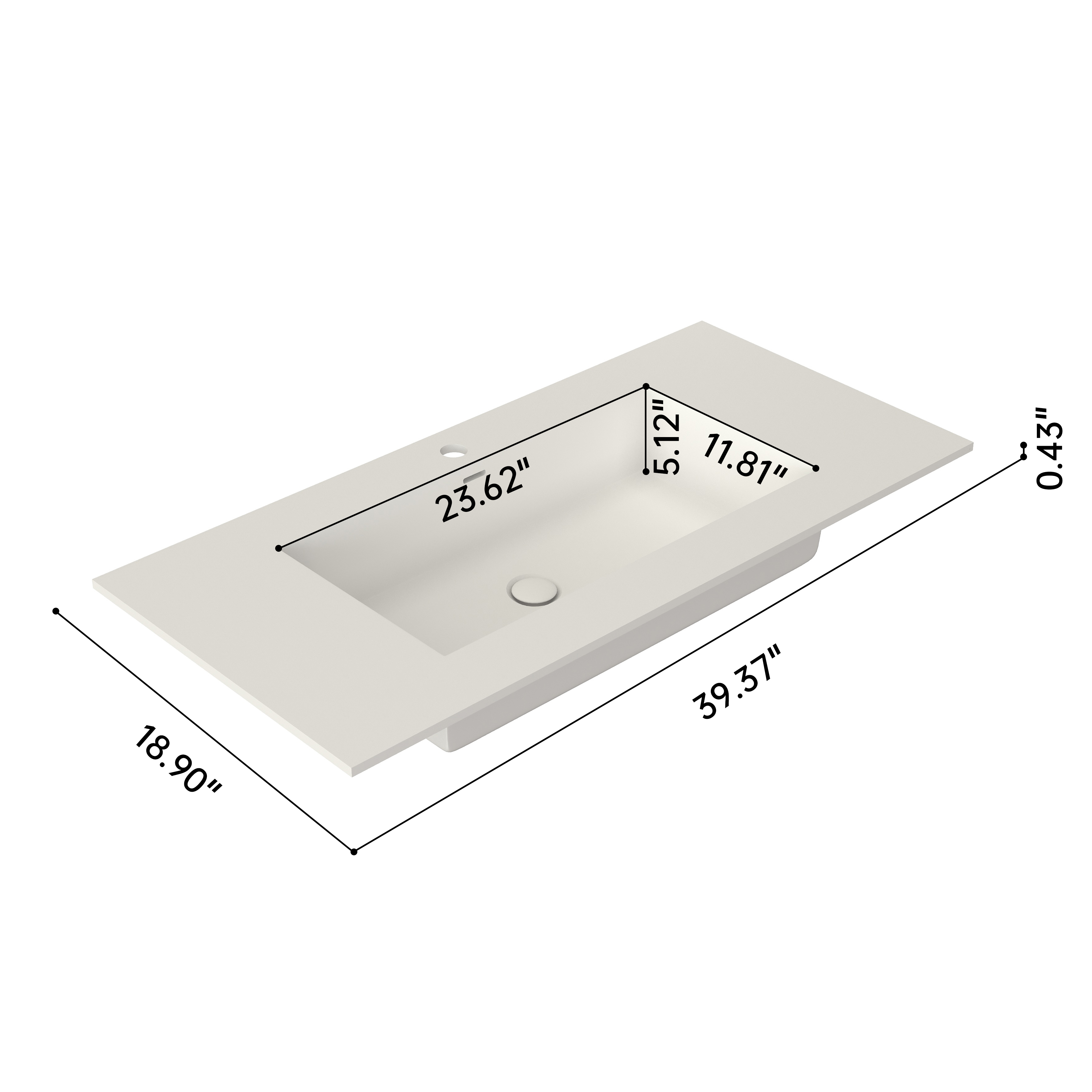 39.37 in. Bathroom Vanity Top with Single Faucet Hole and Basin Sink