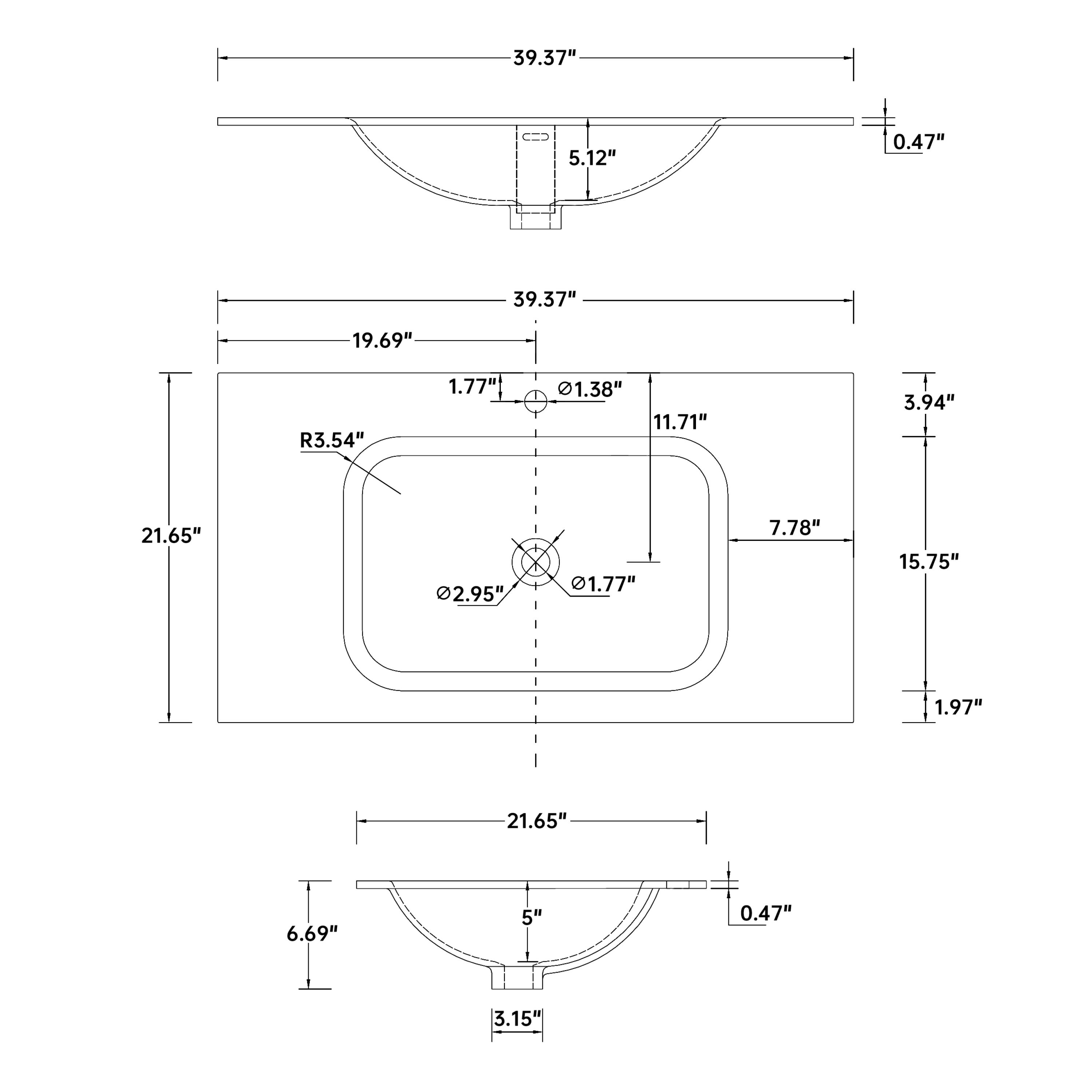 39.37 in. Matte White Solid Surface Vanity Top with Single Faucet Hole