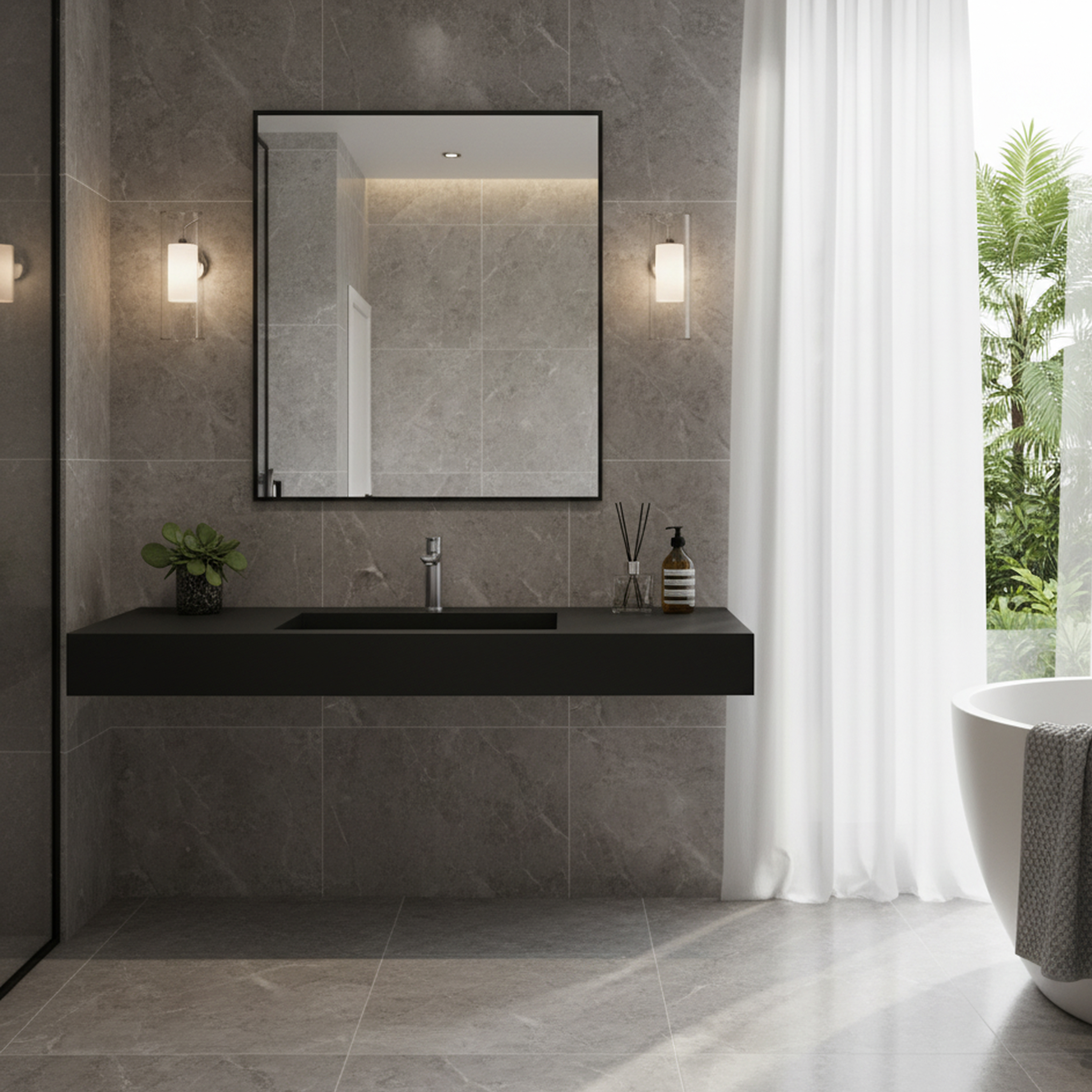 47.24" Wall-Mount Bathroom Sink with Single Faucet Hole, Matte Black, Matte Grey