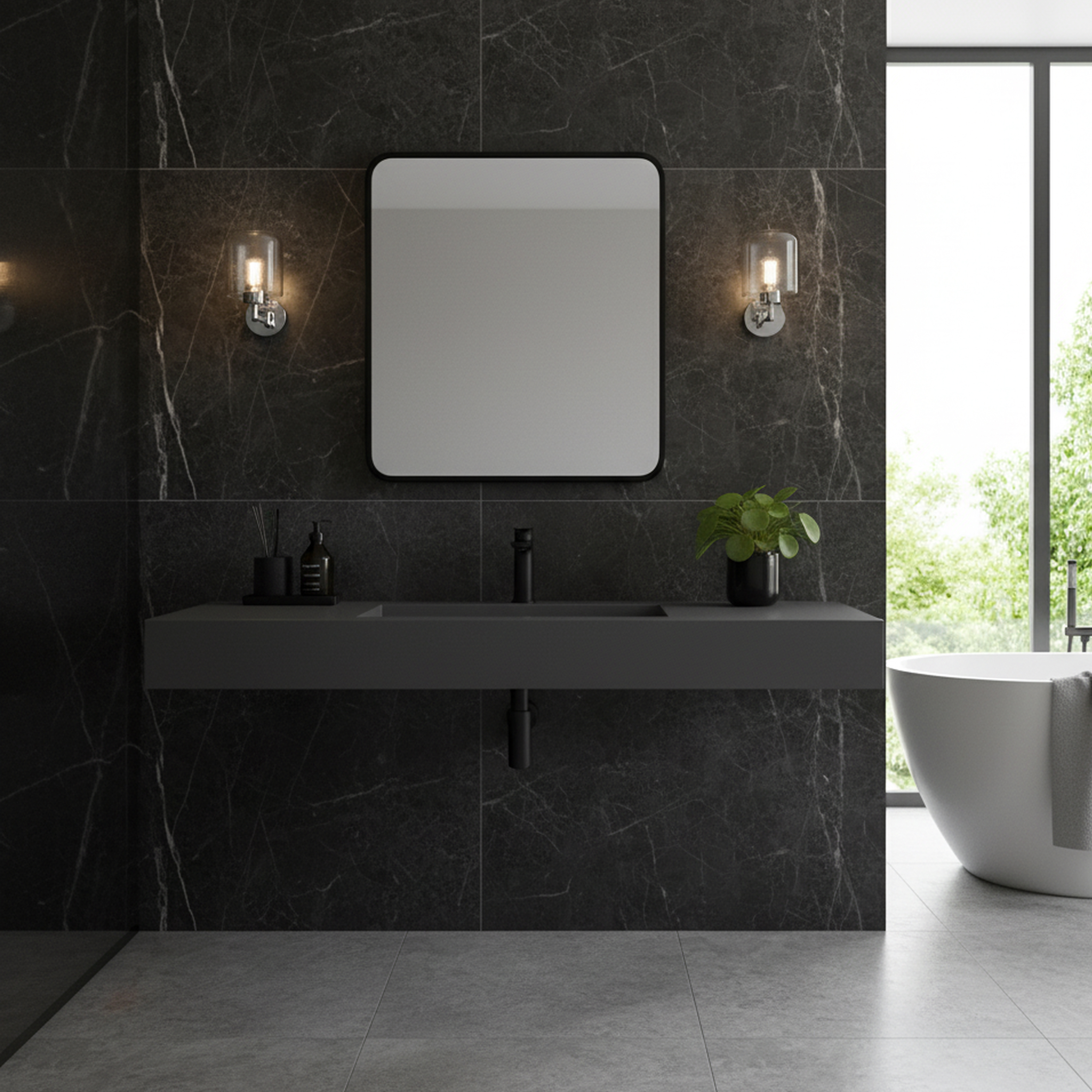 47.24" Wall-Mount Bathroom Sink with Single Faucet Hole, Matte Black, Matte Grey