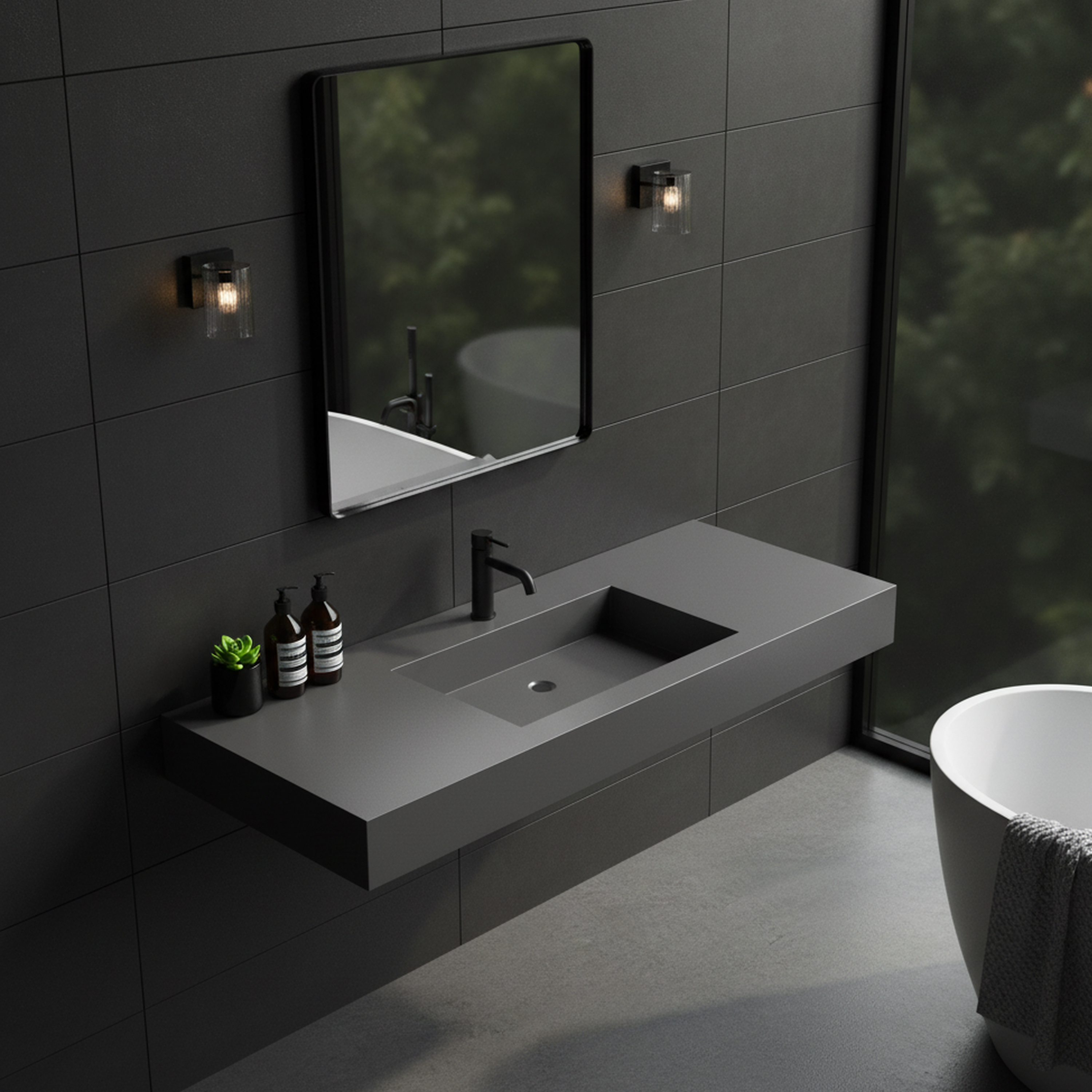 47.24" Wall-Mount Bathroom Sink with Single Faucet Hole, Matte Black, Matte Grey
