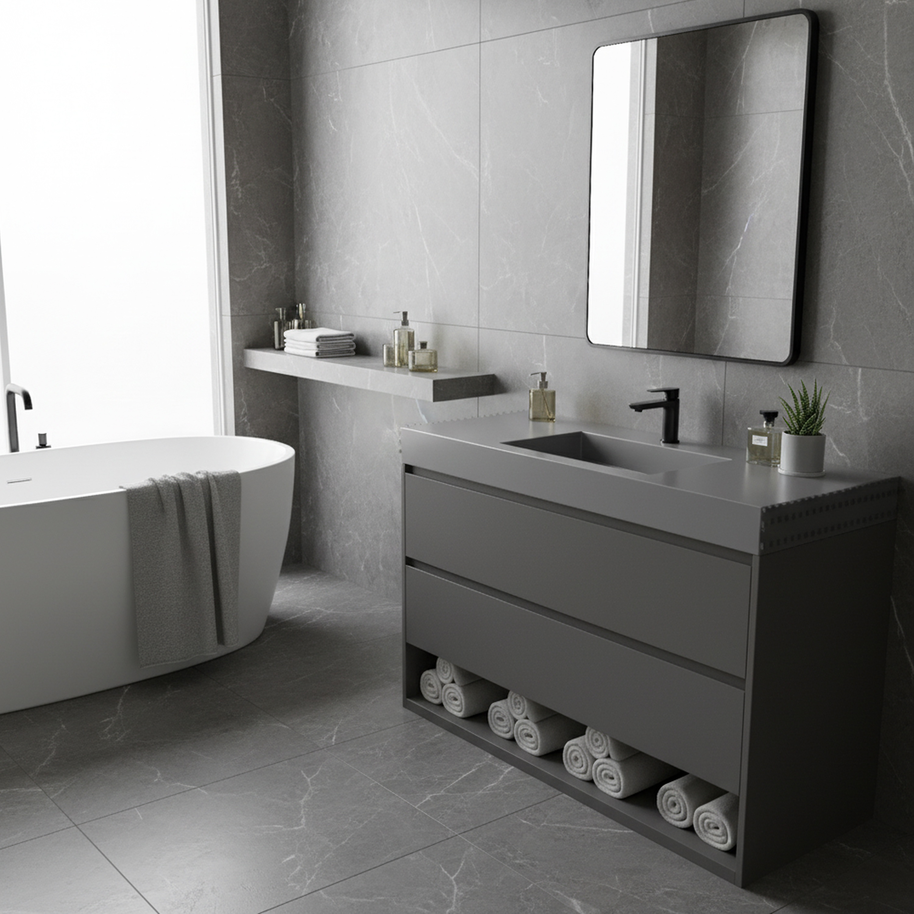 47.24" Wall-Mount Bathroom Sink with Single Faucet Hole, Matte Black, Matte Grey