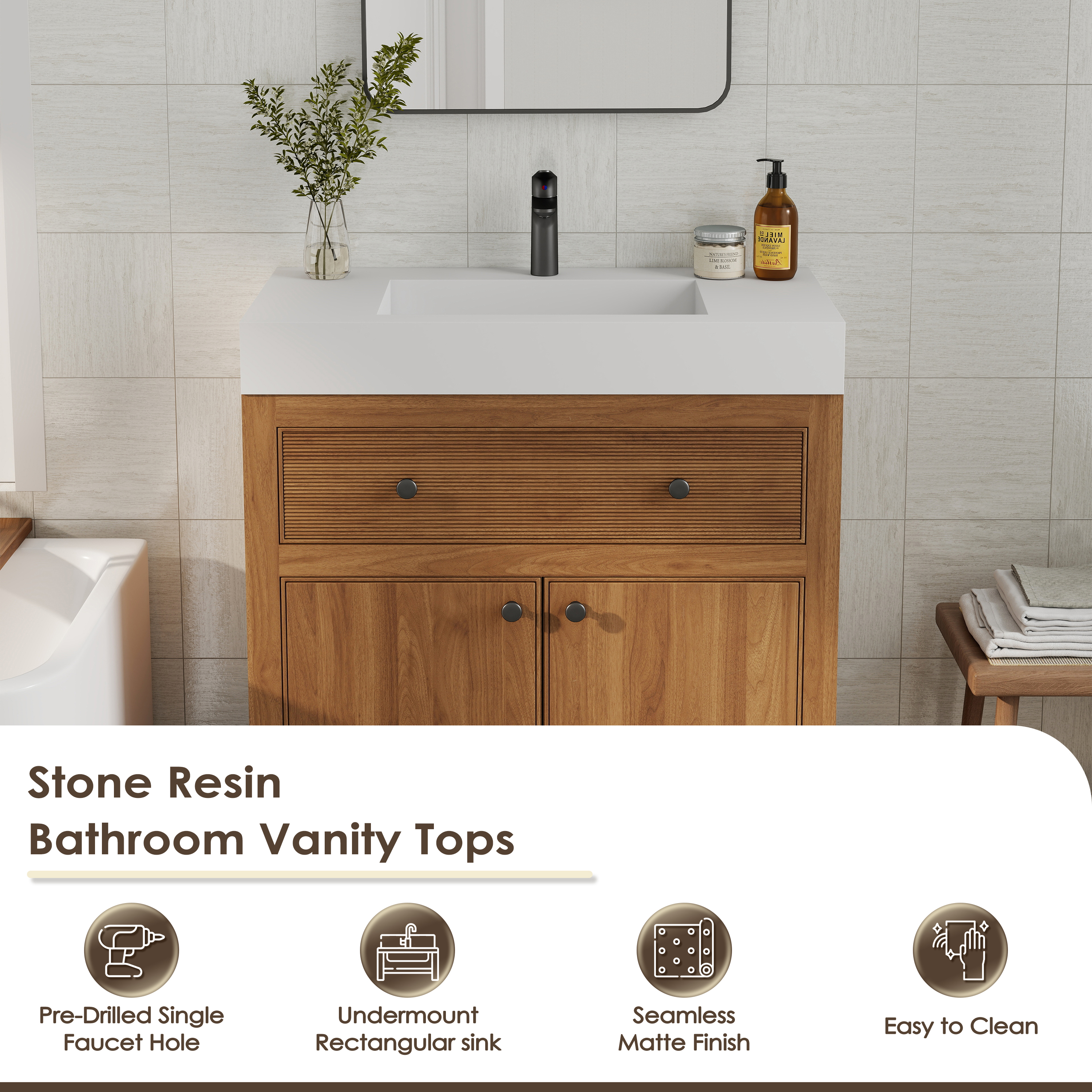 35" Solid Surface Wall Mounted Basin Sink in Matte White