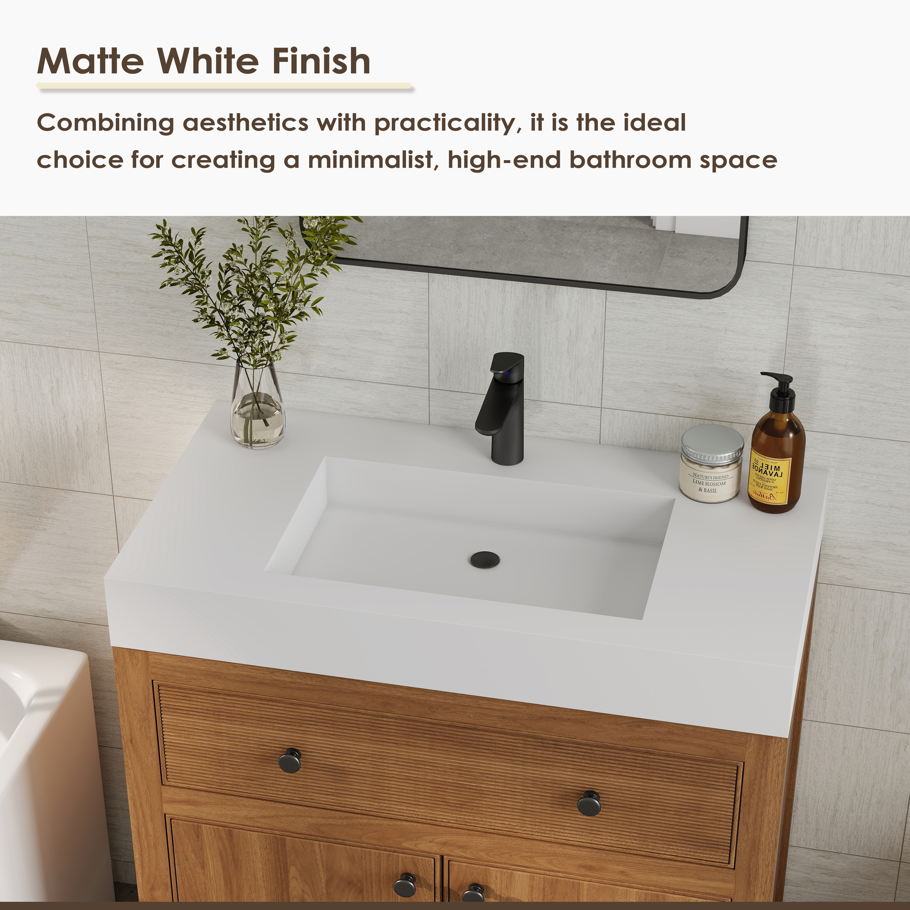 35" Solid Surface Wall Mounted Basin Sink in Matte White