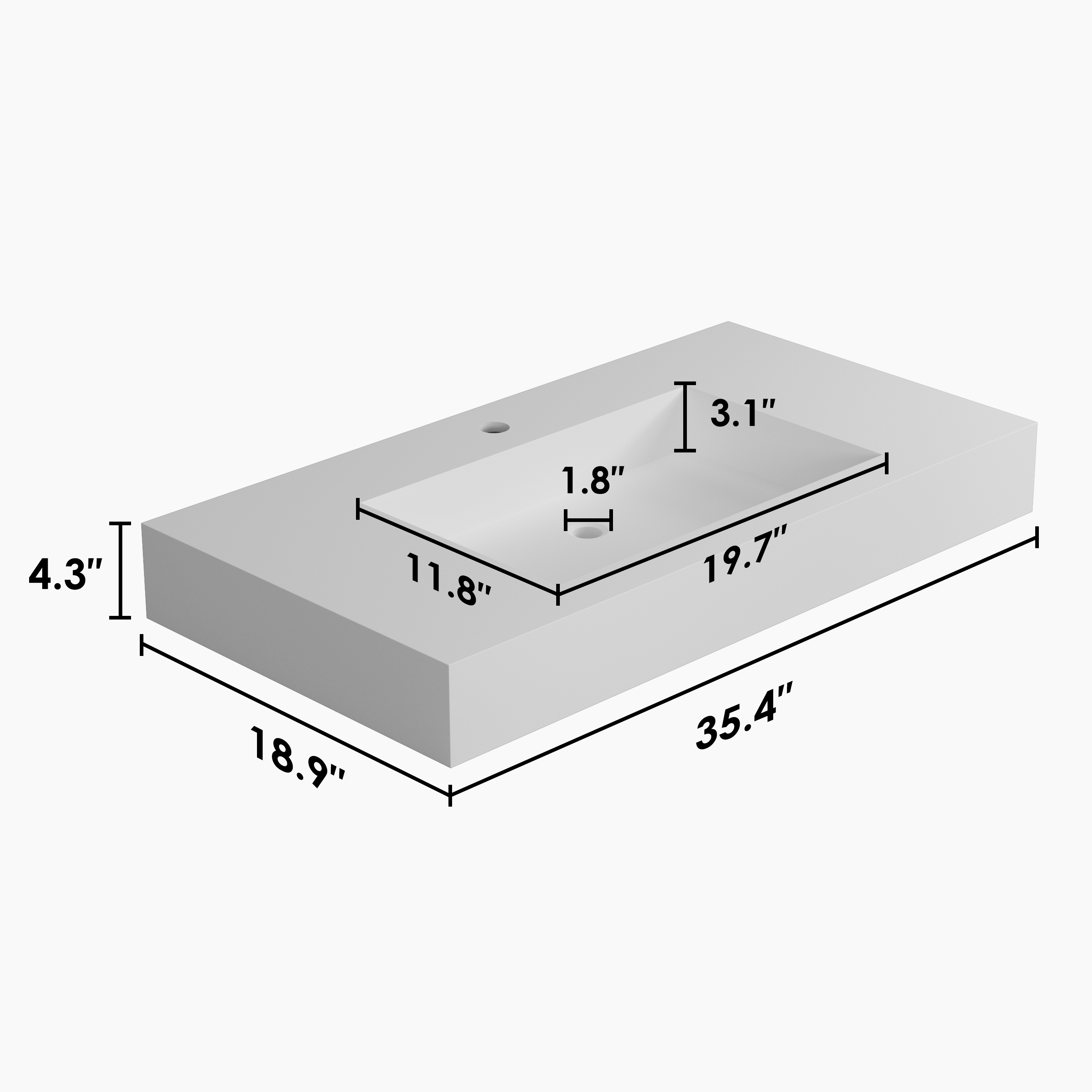 35" Solid Surface Wall Mounted Basin Sink in Matte White