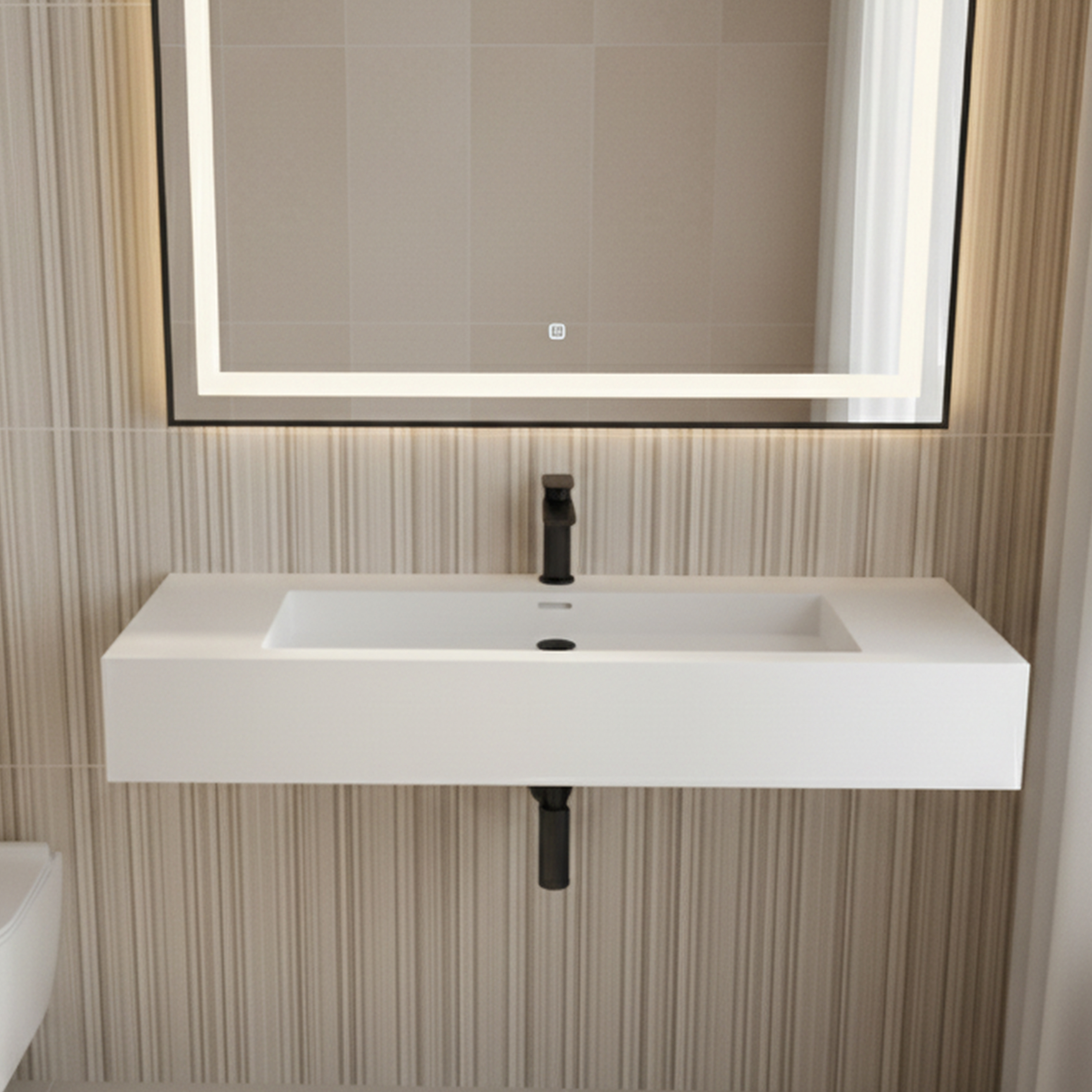 48" Solid Surface Wall-Mounted Basin Sink with Single Faucet Hole