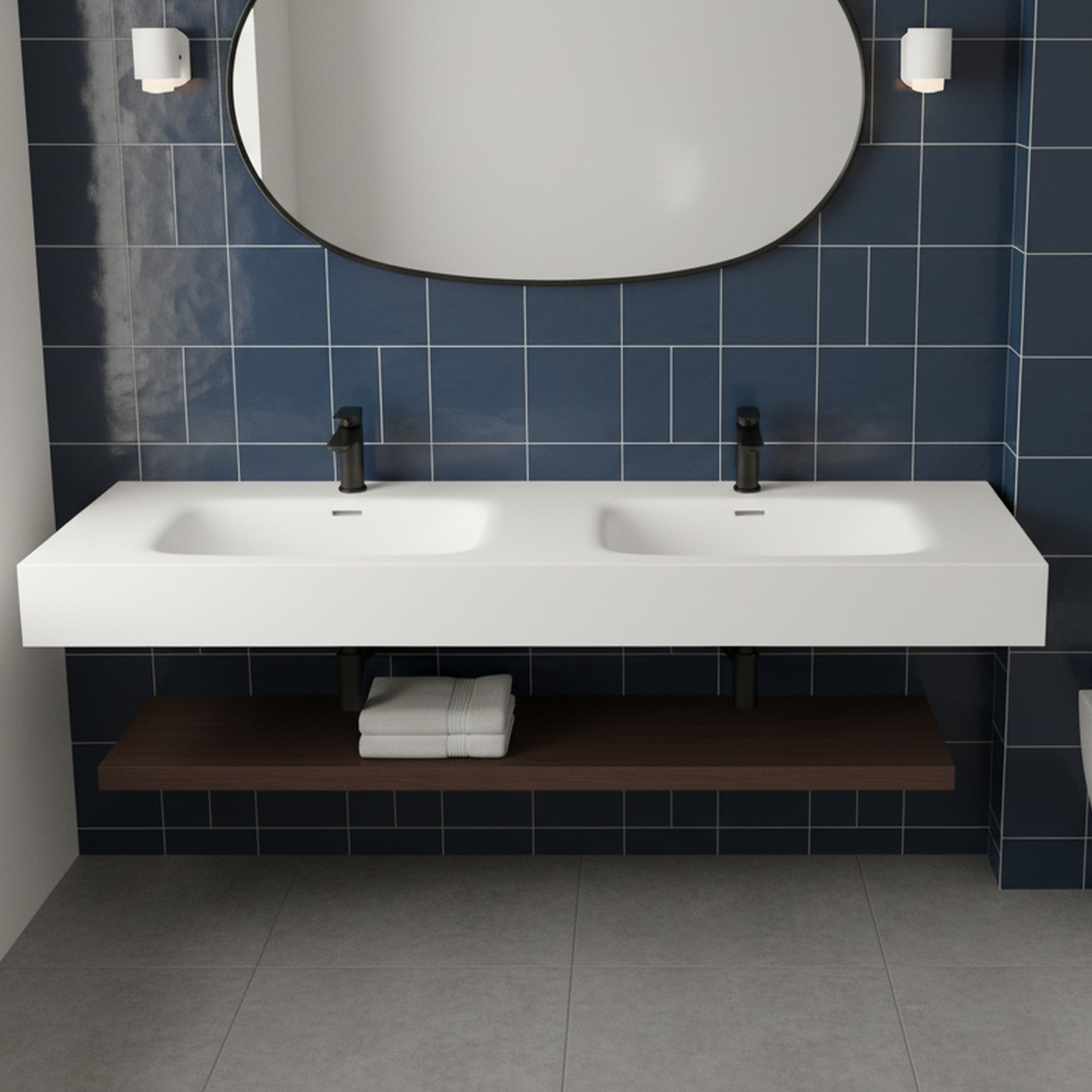 59.5" Solid Surface Double Wall-Mounted Basin Sink with 2 Faucet Holes