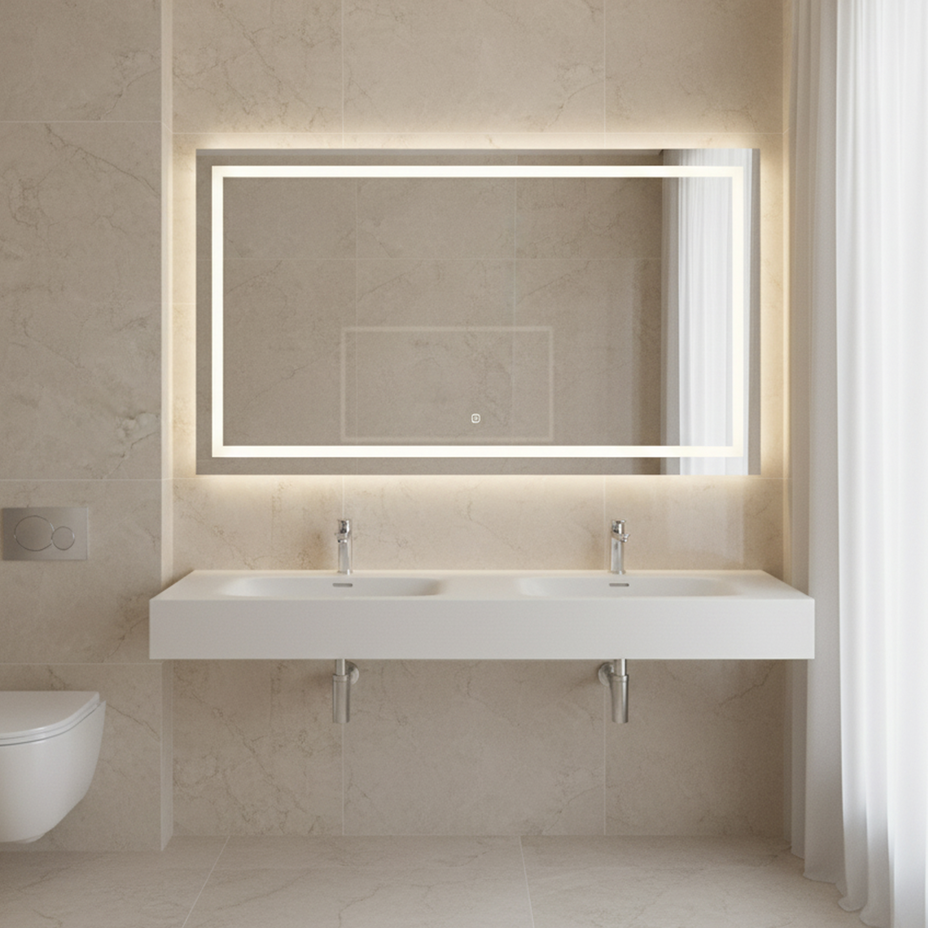 59.5" Solid Surface Double Wall-Mounted Basin Sink with 2 Faucet Holes