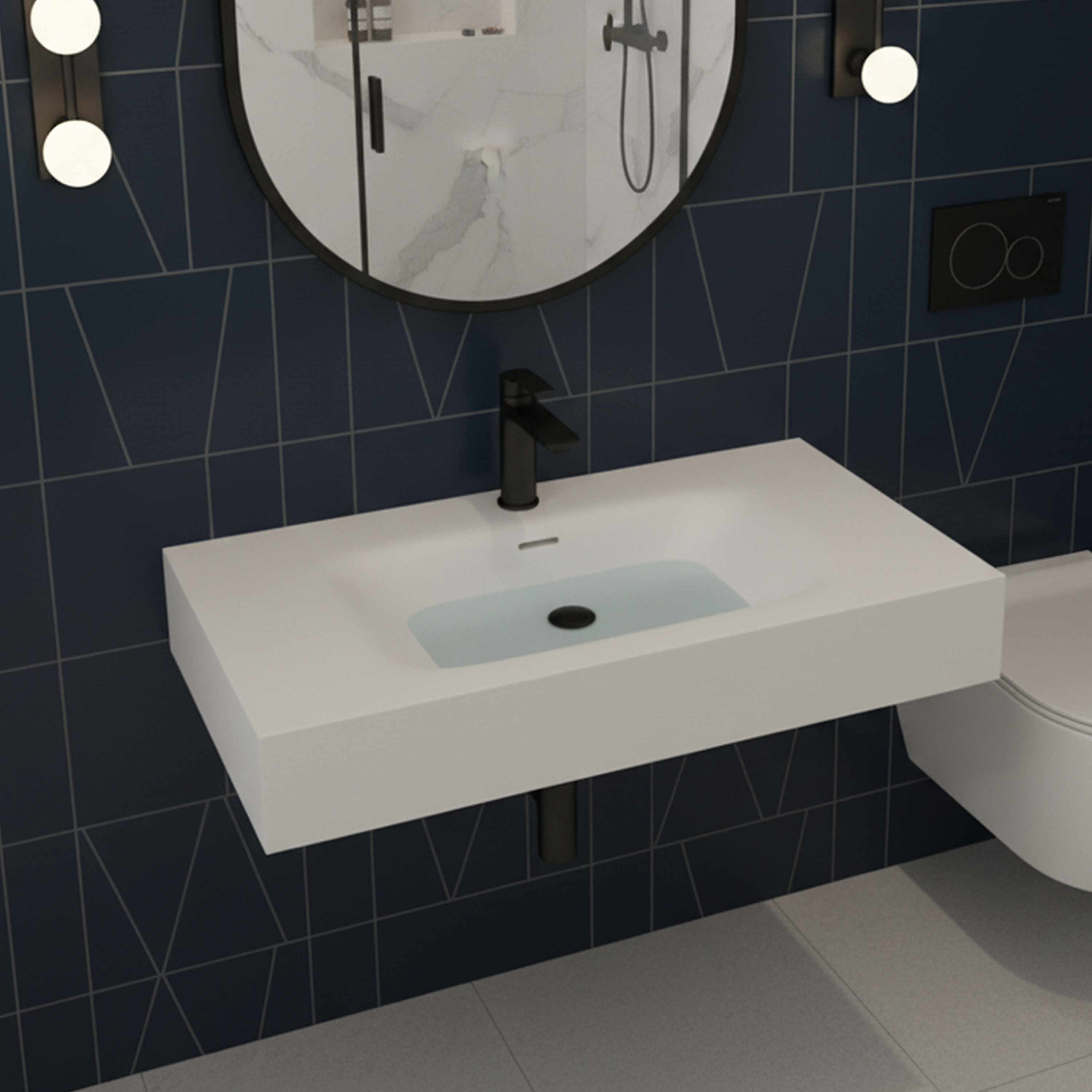 32" Solid Surface Wall-Mounted Basin Sink with Single Faucet Hole