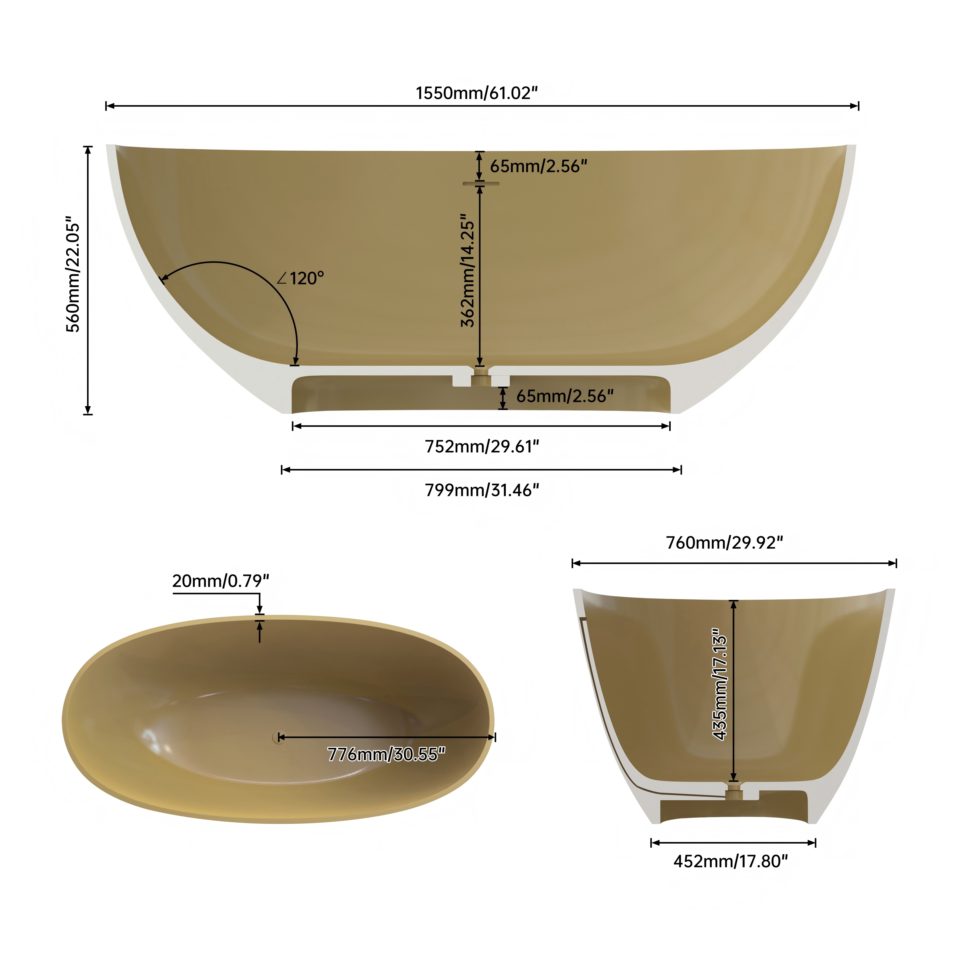 61" Freestanding Solid Surface Stone Soaking Bathtub in Modern Camel