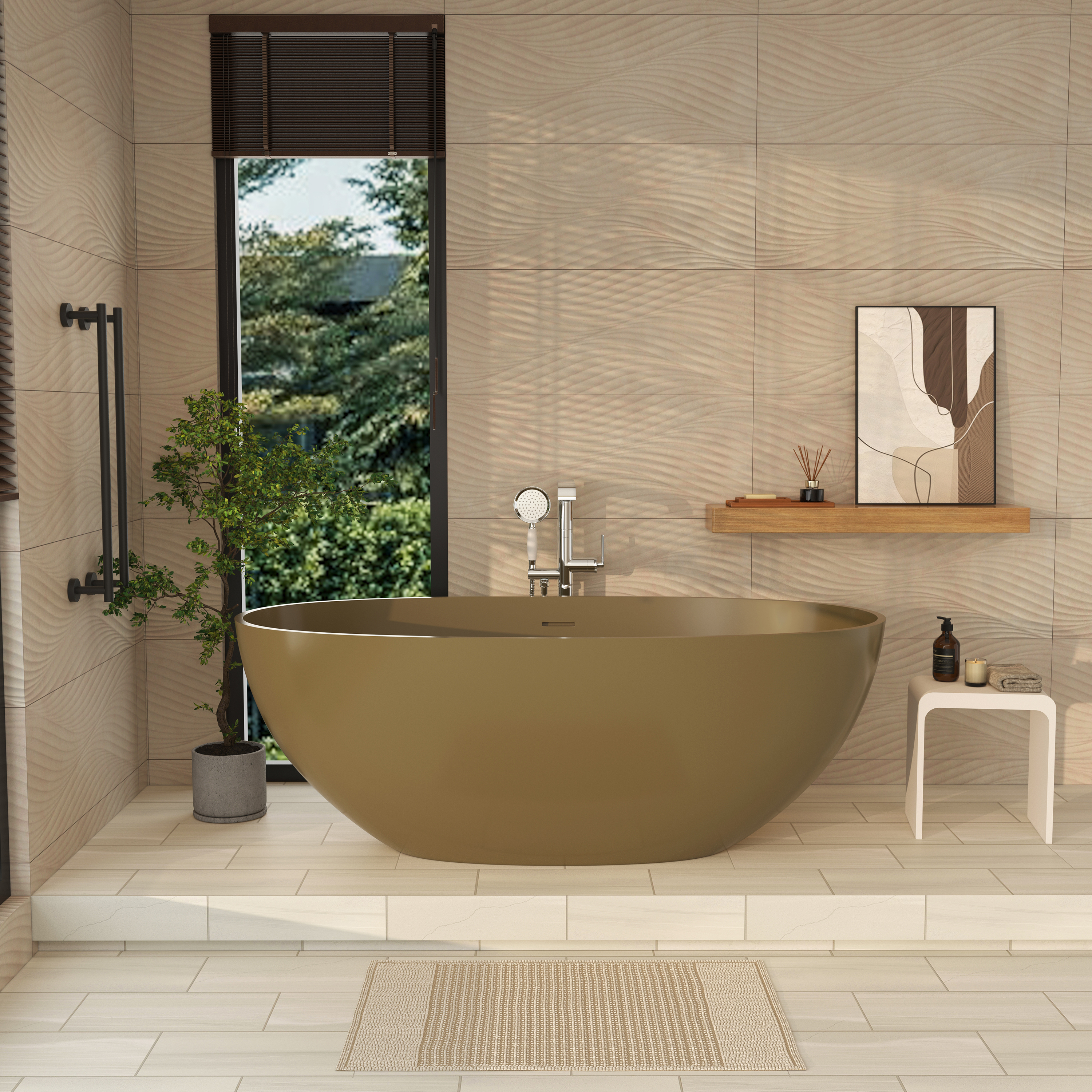 61" Freestanding Solid Surface Stone Soaking Bathtub in Modern Camel