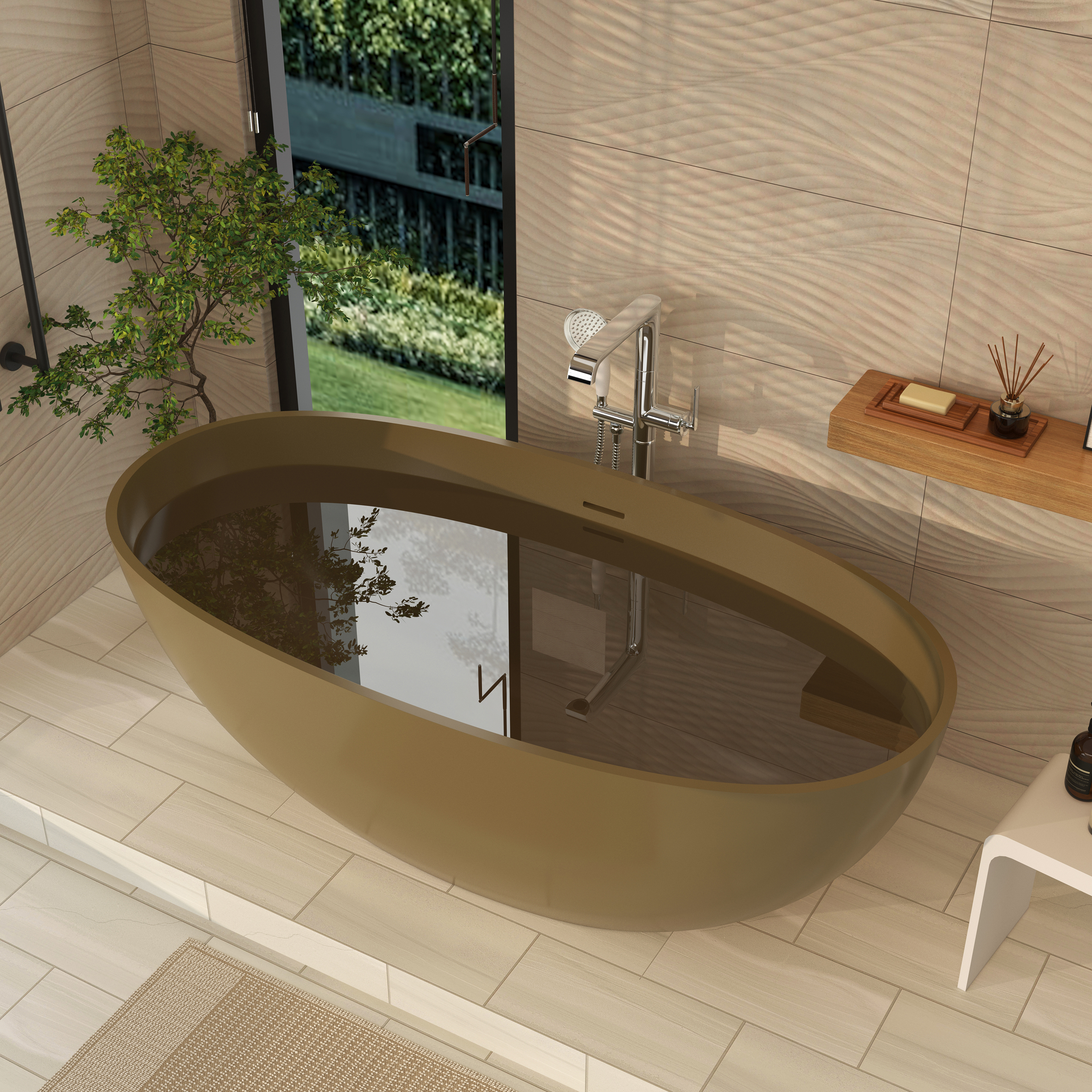 61" Freestanding Solid Surface Stone Soaking Bathtub in Modern Camel