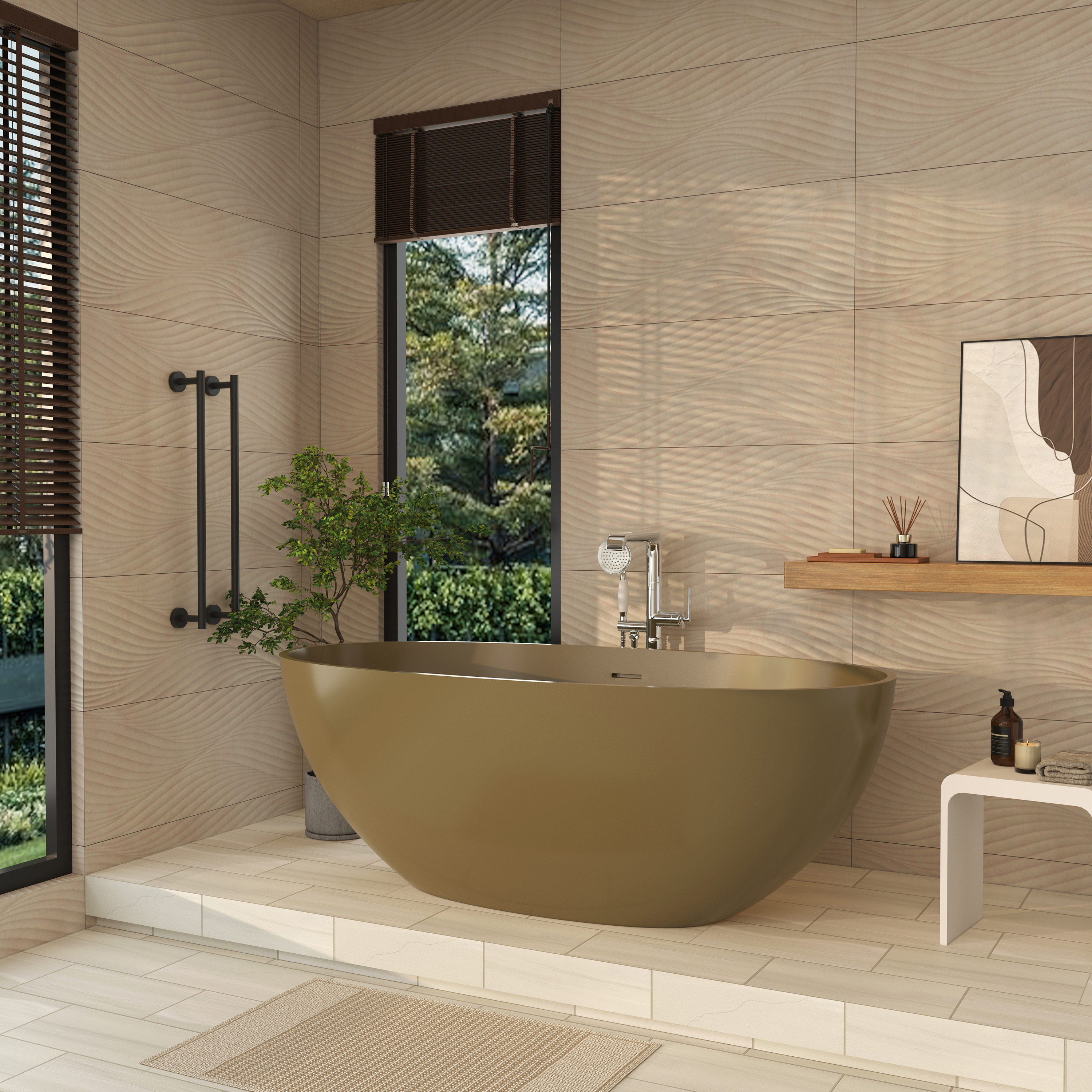 61" Freestanding Solid Surface Stone Soaking Bathtub in Modern Camel