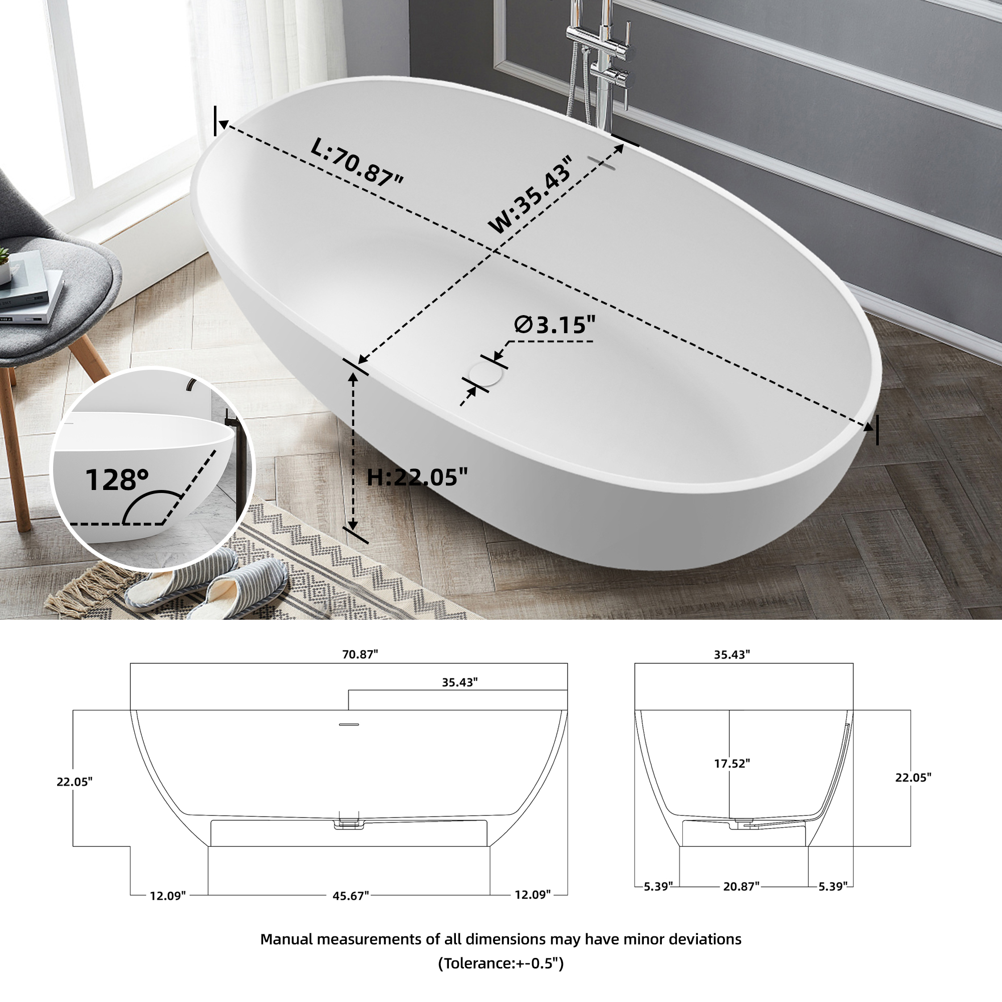 55"/61"/65"/71" Solid Surface Matte White Freestanding Soaking Bathtub - Monaco
