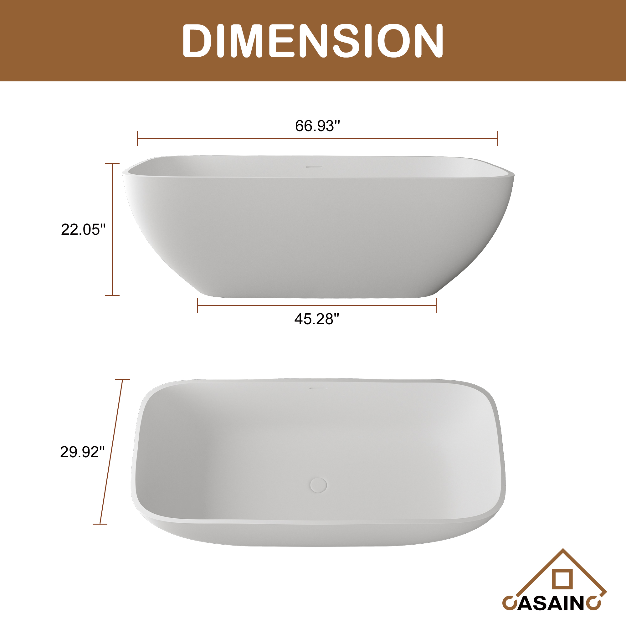 67" Solid Surface Freestanding Bathtub, Stone Resin Freestanding Tubs with Overflow and Drain, Matte White